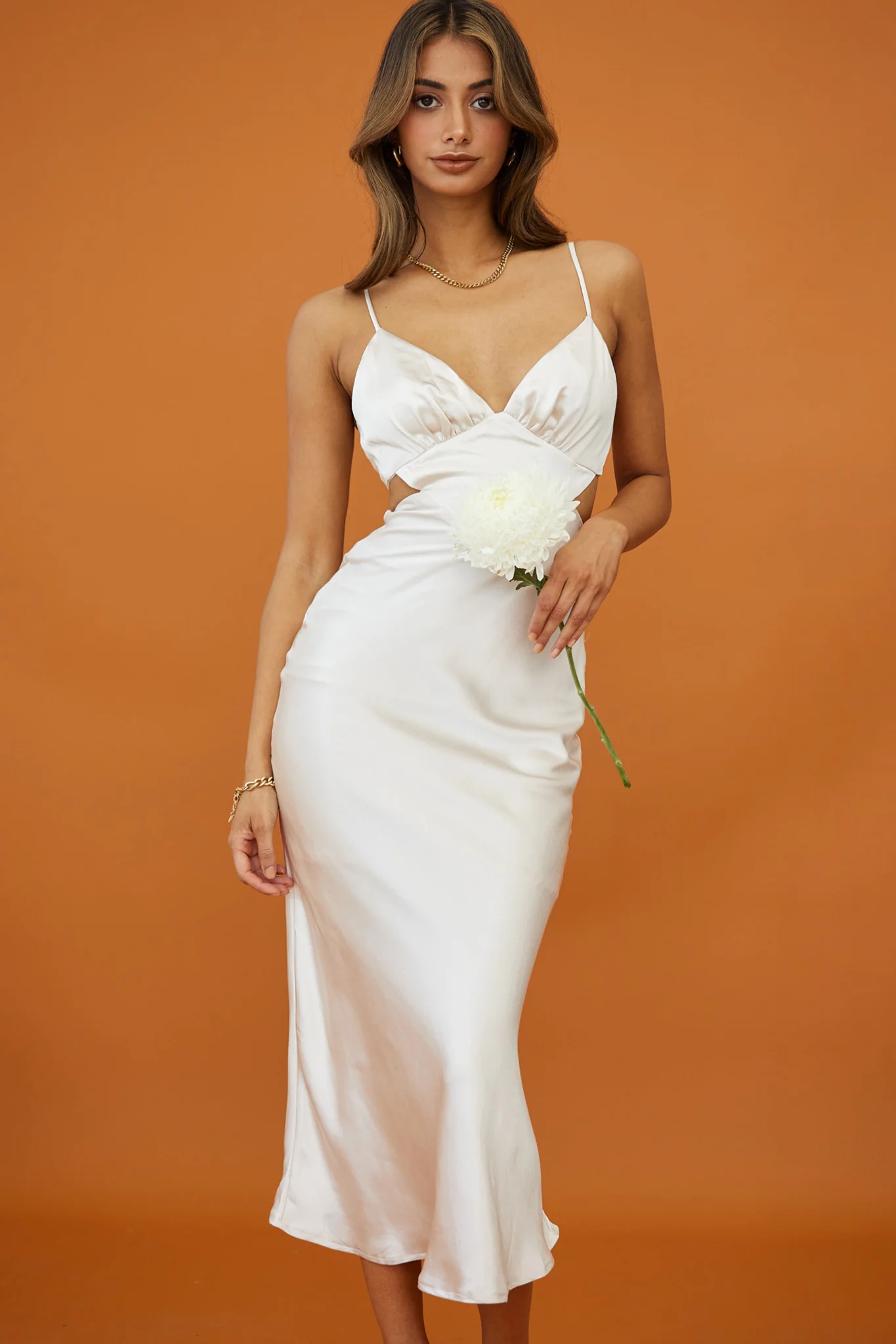 City Lights Cut-Out Waist Strappy Back Midi Dress Champagne - Image 3
