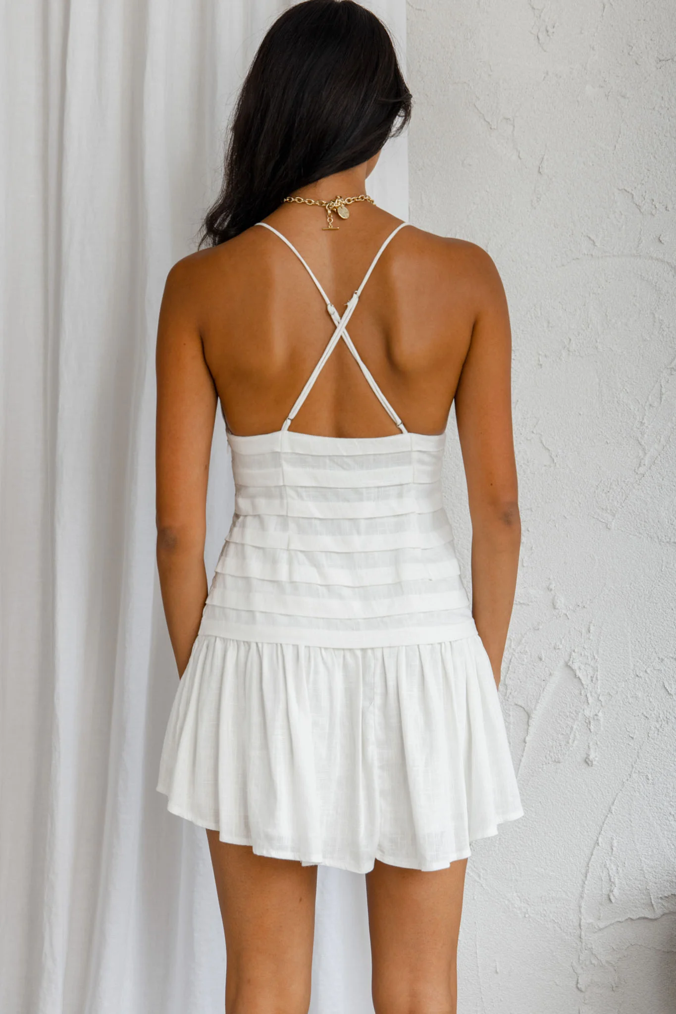 Clear Skies Pintuck Pleat Wide Ruffle Hem Mini Dress Sky White - Image 7