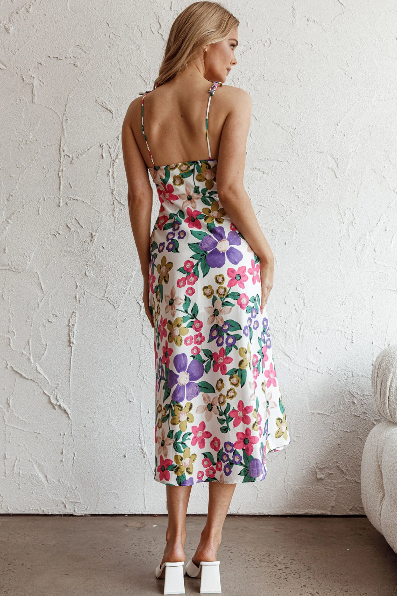 Clovelly Tied Shoulder Midi Dress Flower White - Image 2