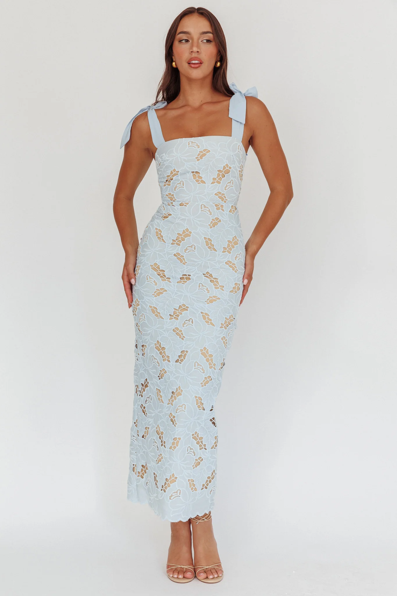Coastal Bloom Tied Shoulder Maxi Dress Embroidered Baby Blue - Image 5