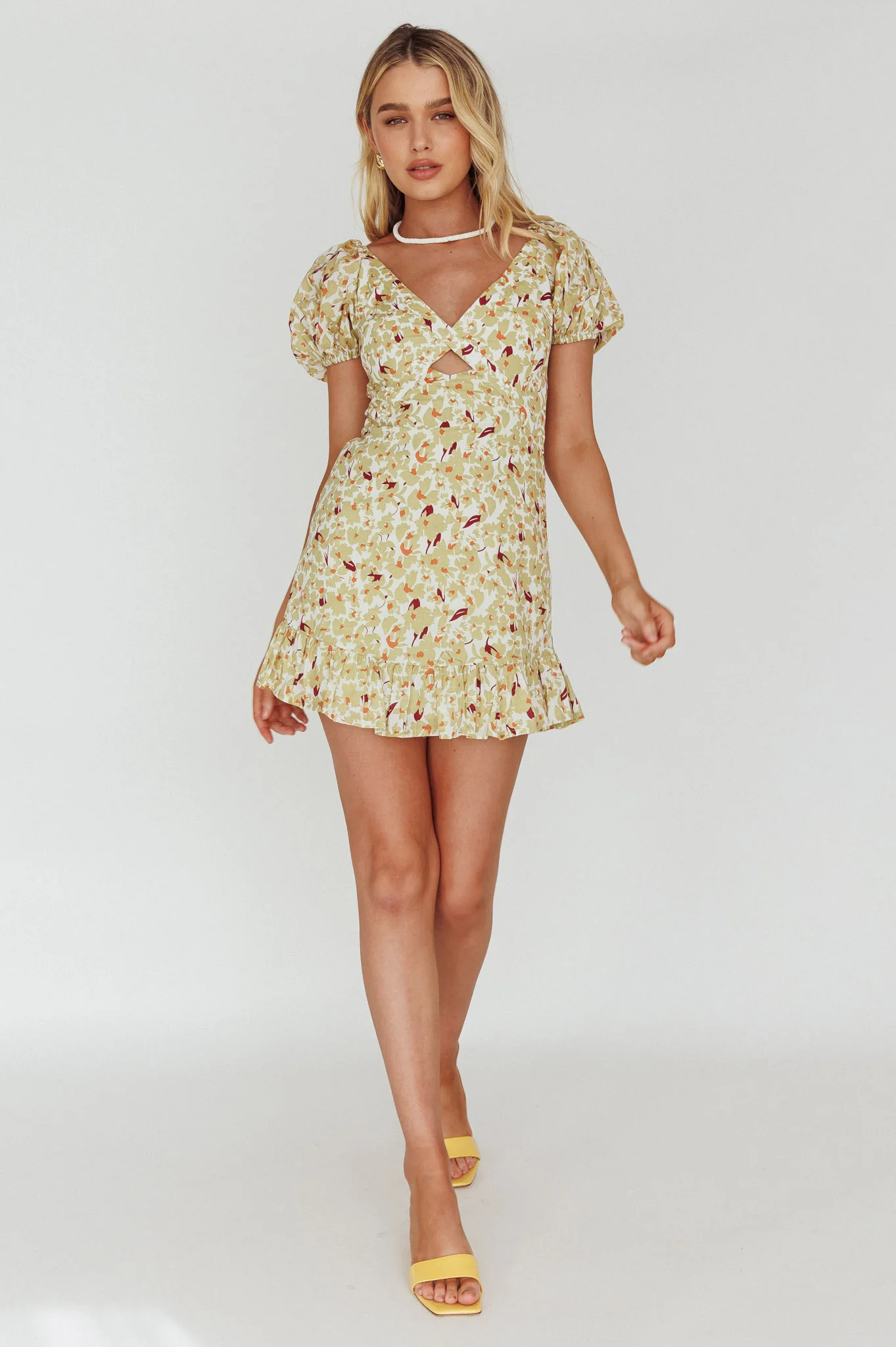 Connie Puff Sleeve Mini Dress Floral Olive - Image 3
