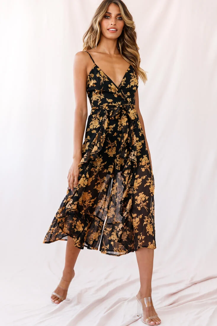 Constance Thin Strap Midi Jumpsuit Black/Orange Flower - Image 2