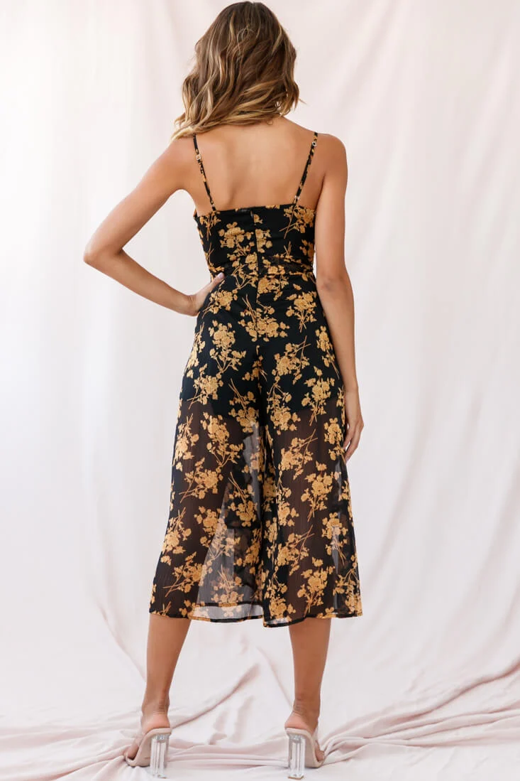 Constance Thin Strap Midi Jumpsuit Black/Orange Flower - Image 3