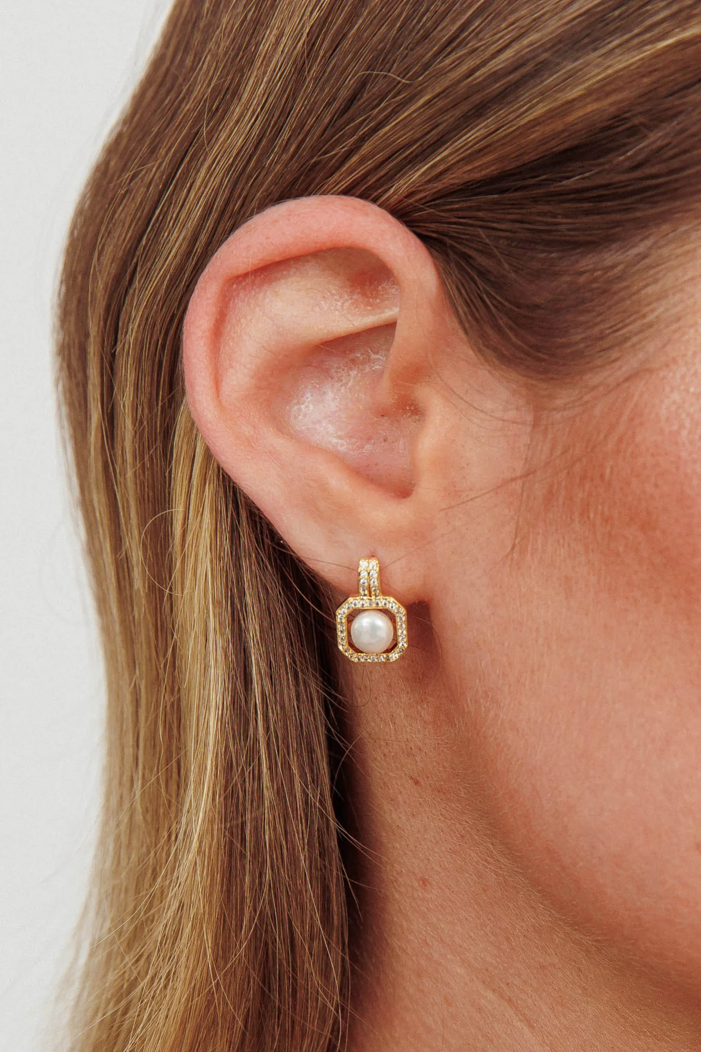 Control Pearl Zirconia Square Drop Stud Earrings Gold - Image 3