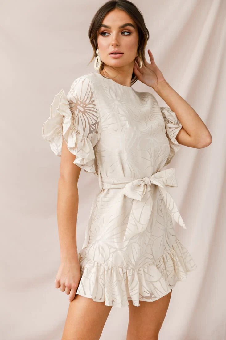 Coolum Ruffle Sleeve Dress Beige - Image 5