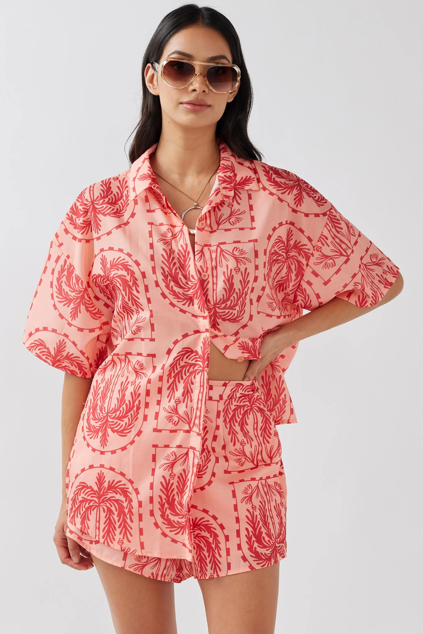Cora Elastic Waist Shorts Print Red Salmon - Image 4