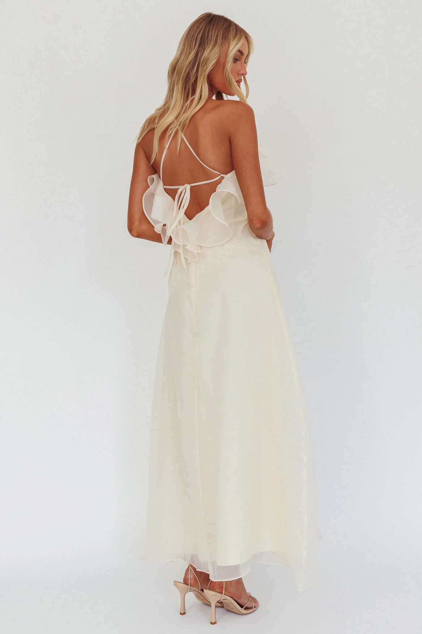 Cordially Invited Ruffle Neckline Rosette Maxi Vanilla - Image 3