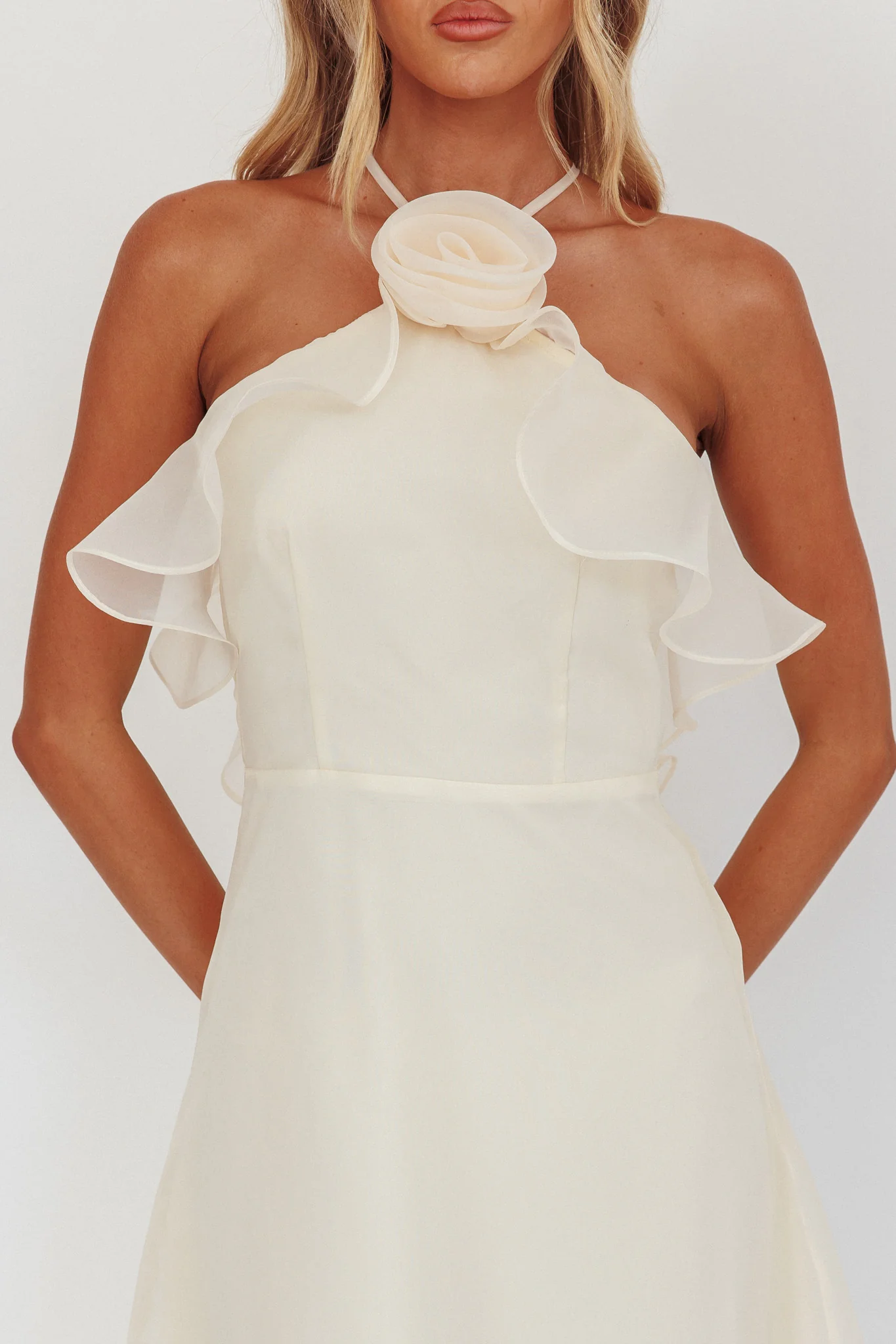 Cordially Invited Ruffle Neckline Rosette Maxi Vanilla - Image 4