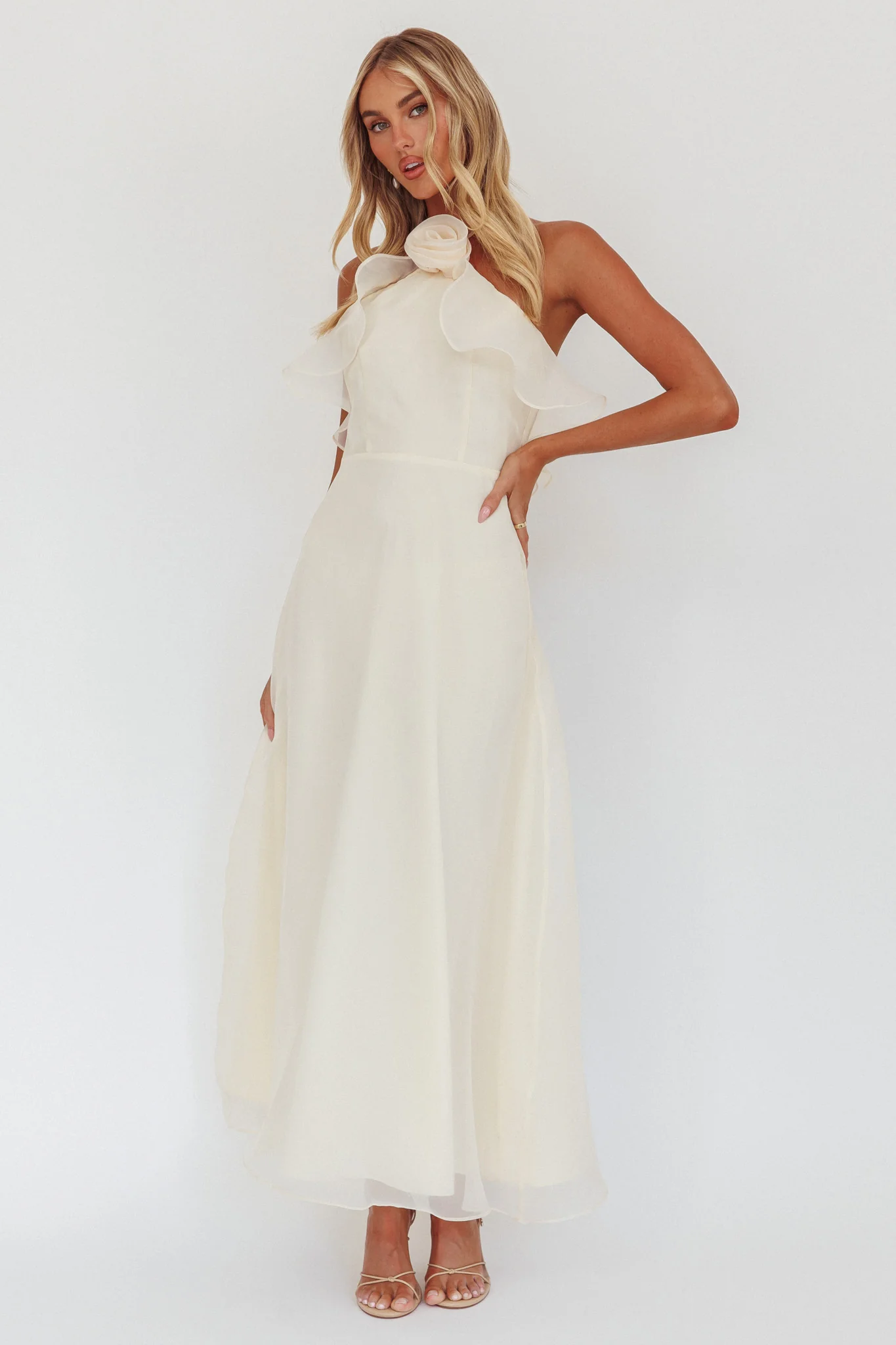 Cordially Invited Ruffle Neckline Rosette Maxi Vanilla - Image 5