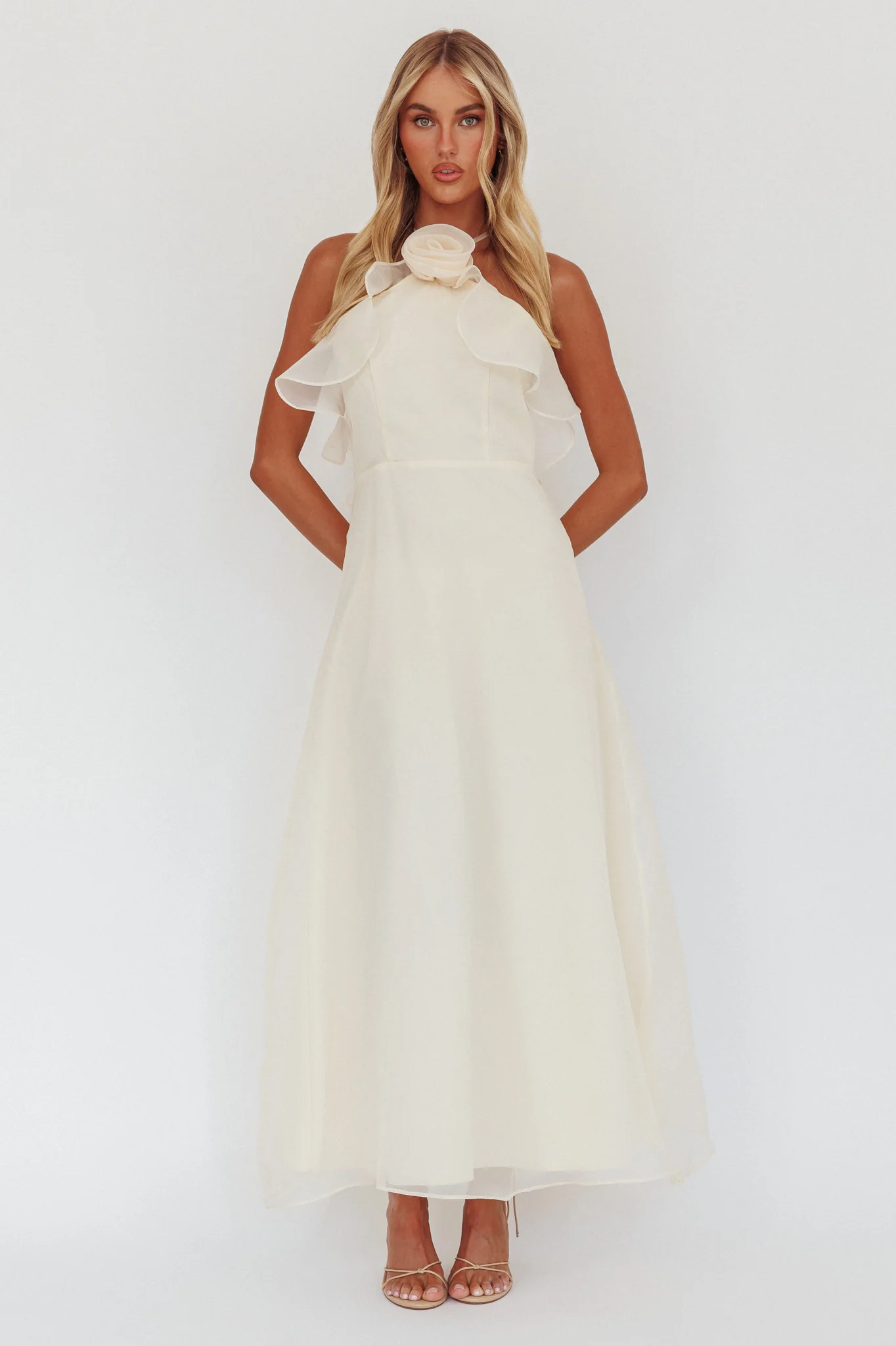 Cordially Invited Ruffle Neckline Rosette Maxi Vanilla - Image 6