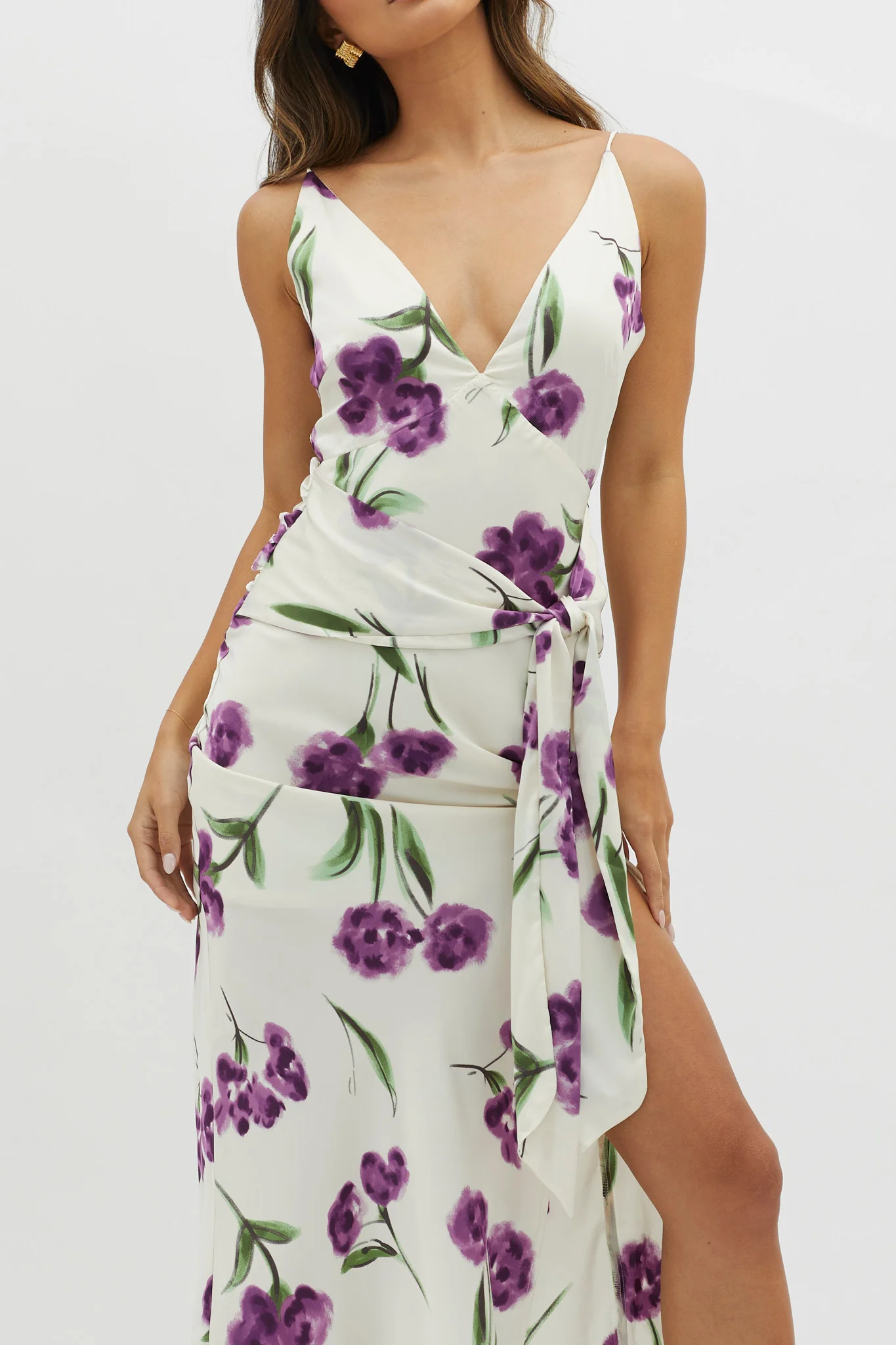 Corinna Tied Waist Split Dress Floral Purple - Image 3