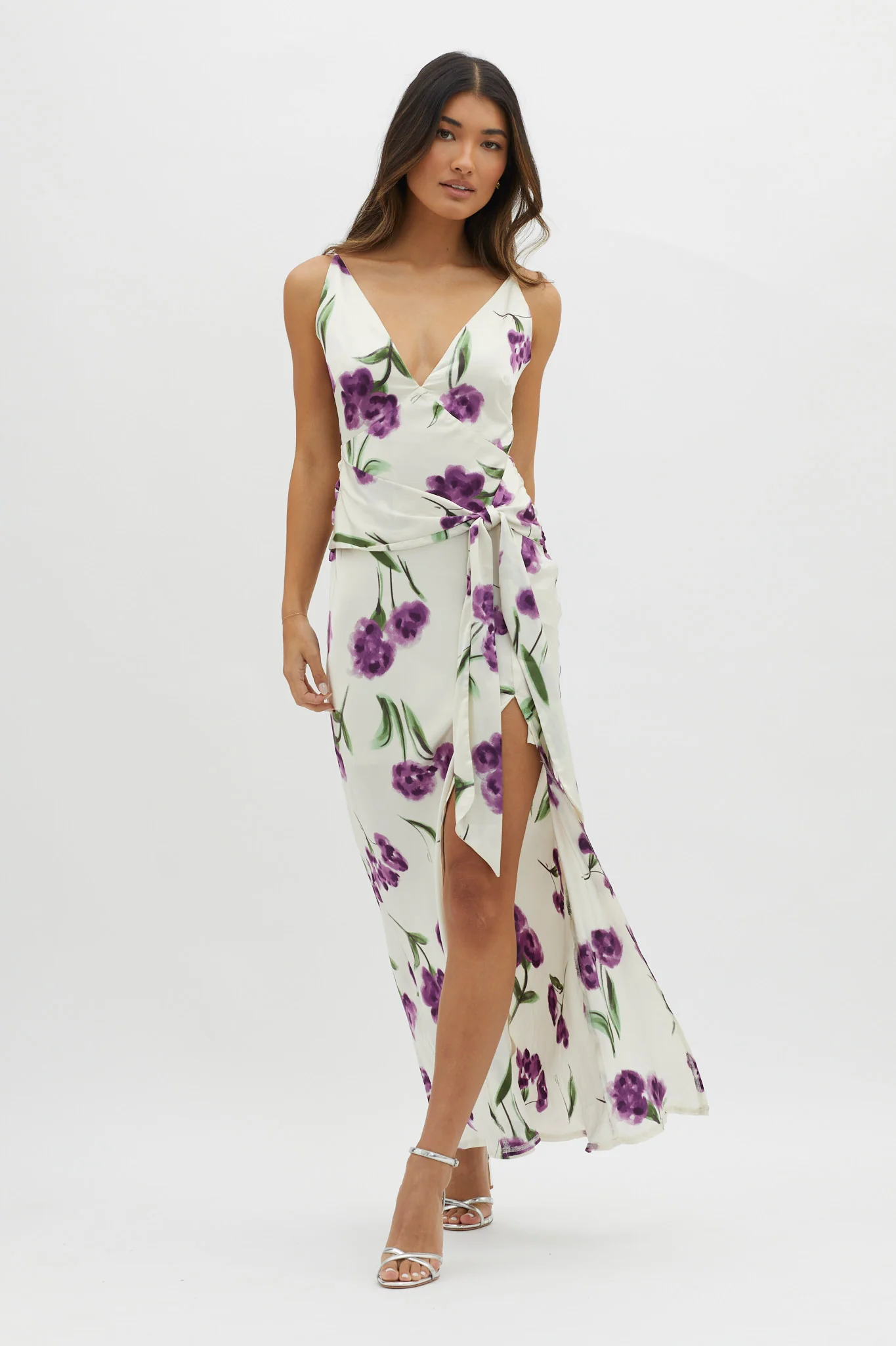 Corinna Tied Waist Split Dress Floral Purple - Image 4