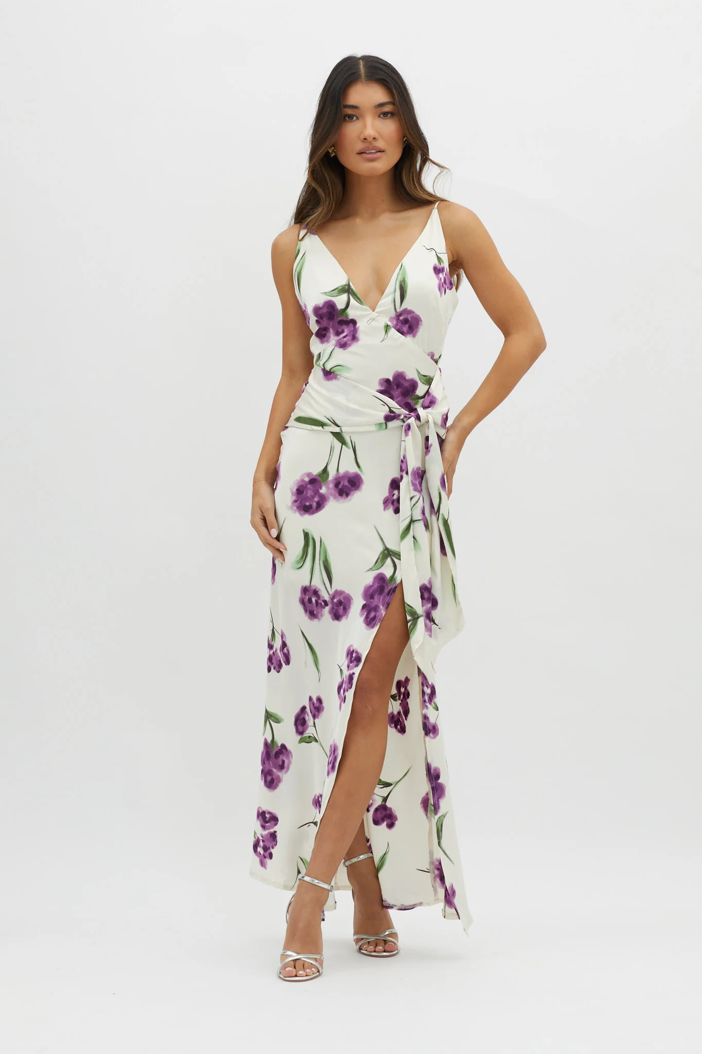 Corinna Tied Waist Split Dress Floral Purple - Image 5