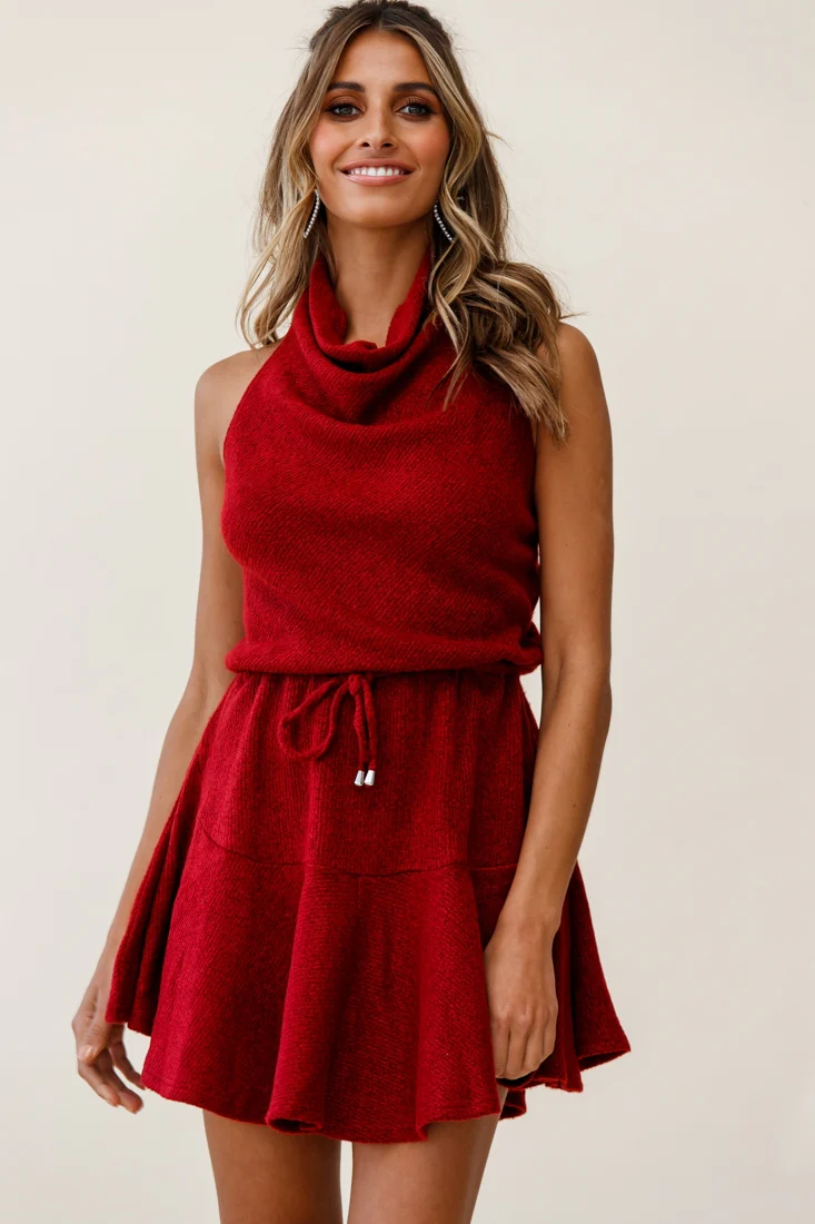 Cosette Cowl Halterneck Knit Dress Wine - Image 5