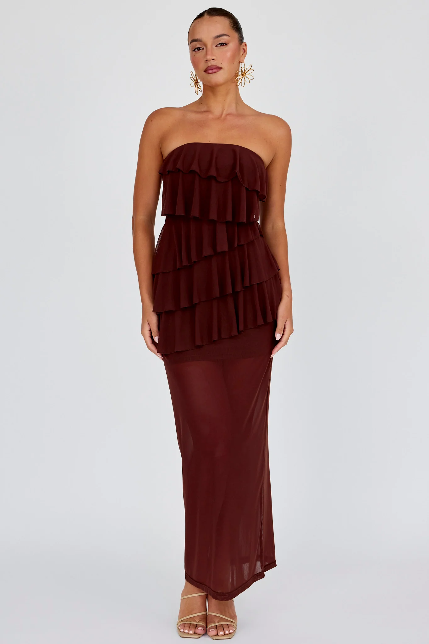 Crewe Strapless Ruffle Maxi Dress Chocolate - Image 5