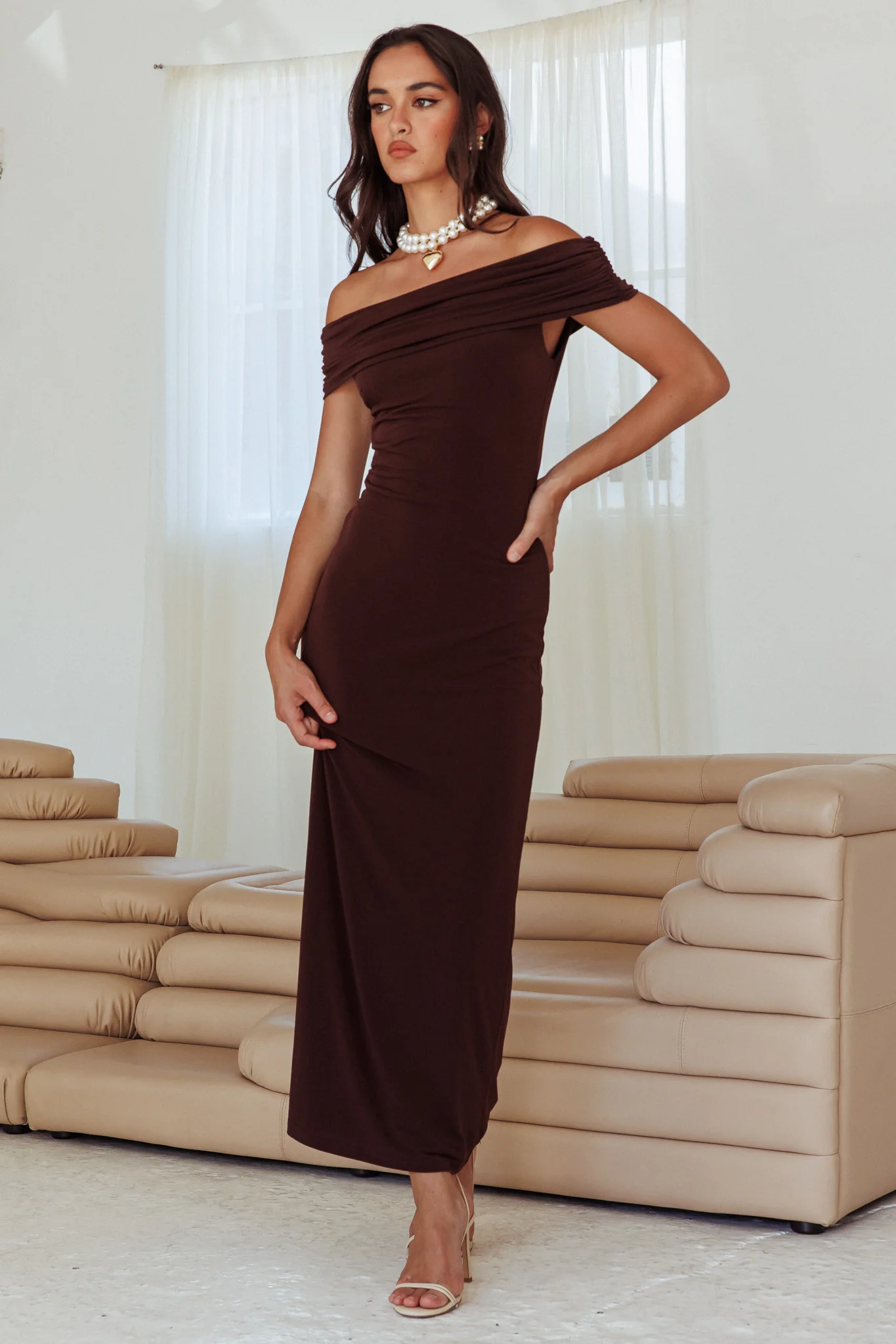 Cruising Sunset Off Shoulder Dress Chocolate - Image 6