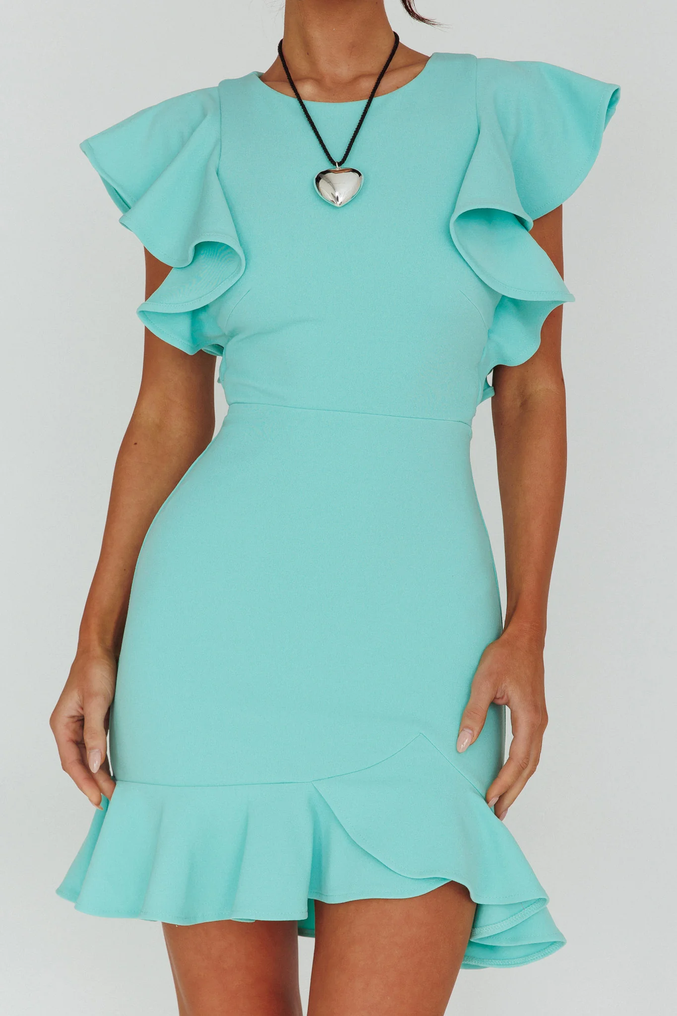 Cupid's Bow Ruffle Shoulder Bodycon Dress Teal - Image 4