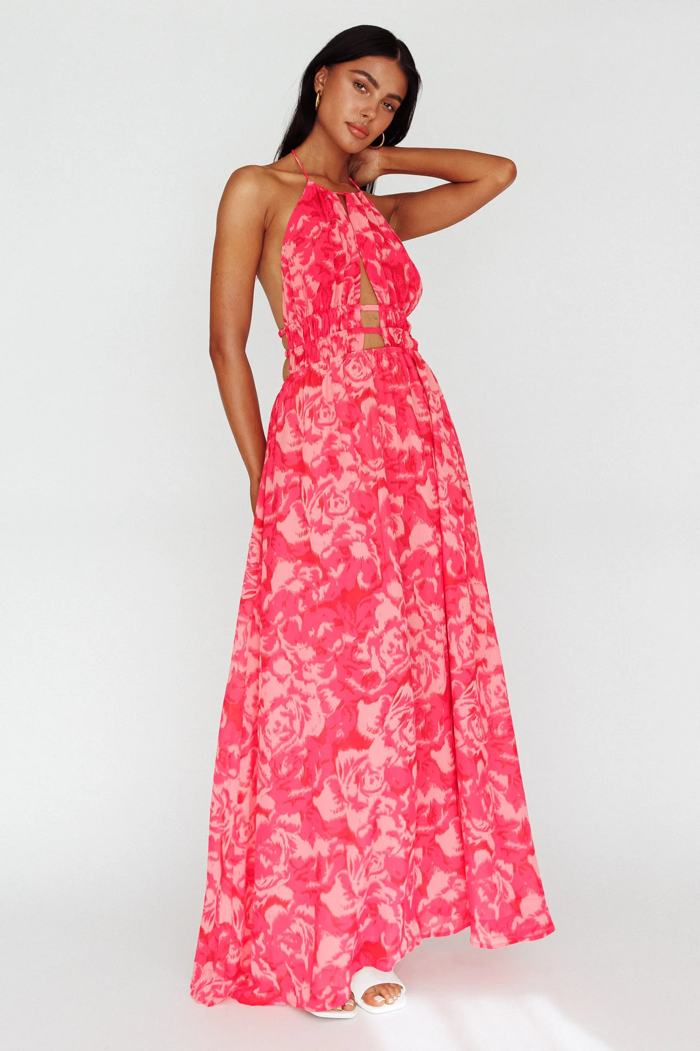 Cyndi Open Back Halterneck Maxi Dress Floral Pink - Image 5