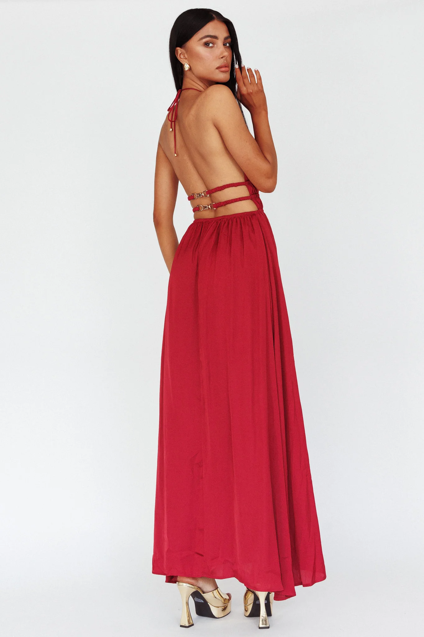 Cyndi Open Back Halterneck Maxi Dress Wine - Image 2