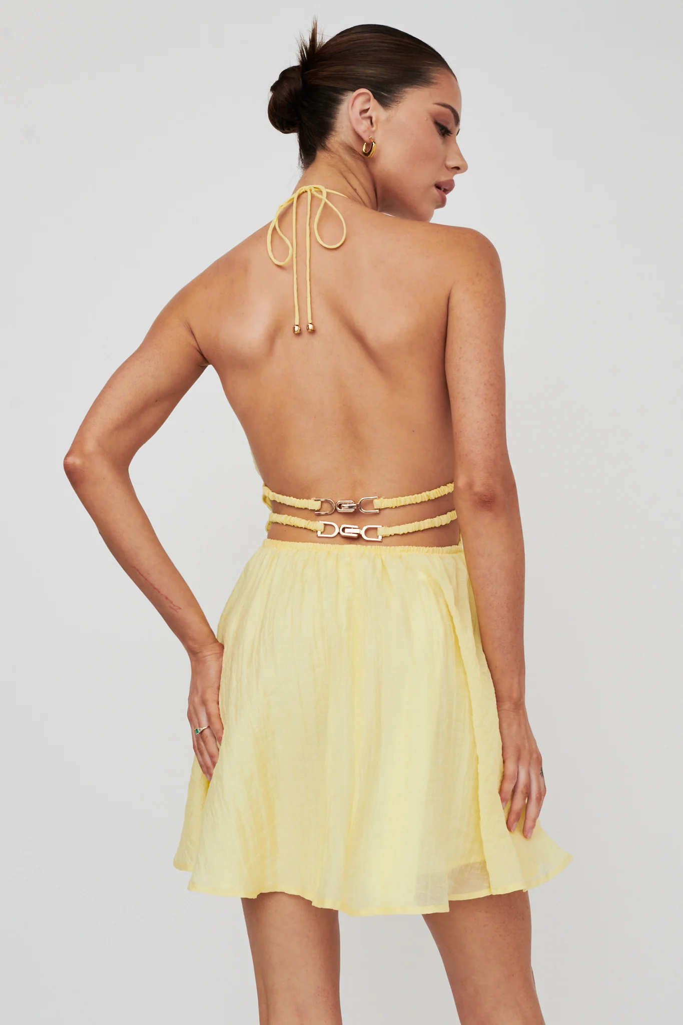 Cyndi Open Back Halterneck Mini Dress Lemon - Image 2