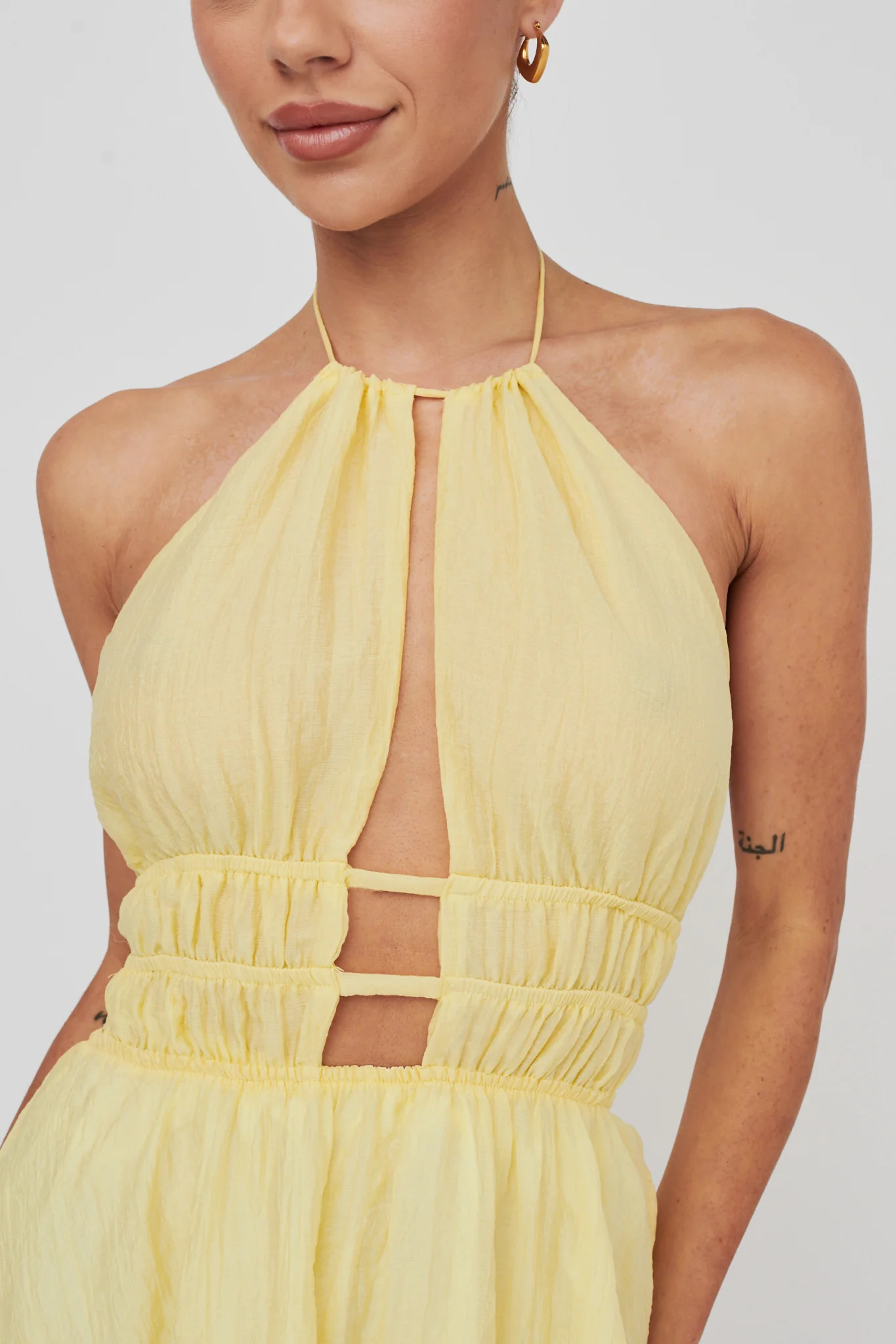 Cyndi Open Back Halterneck Mini Dress Lemon - Image 4