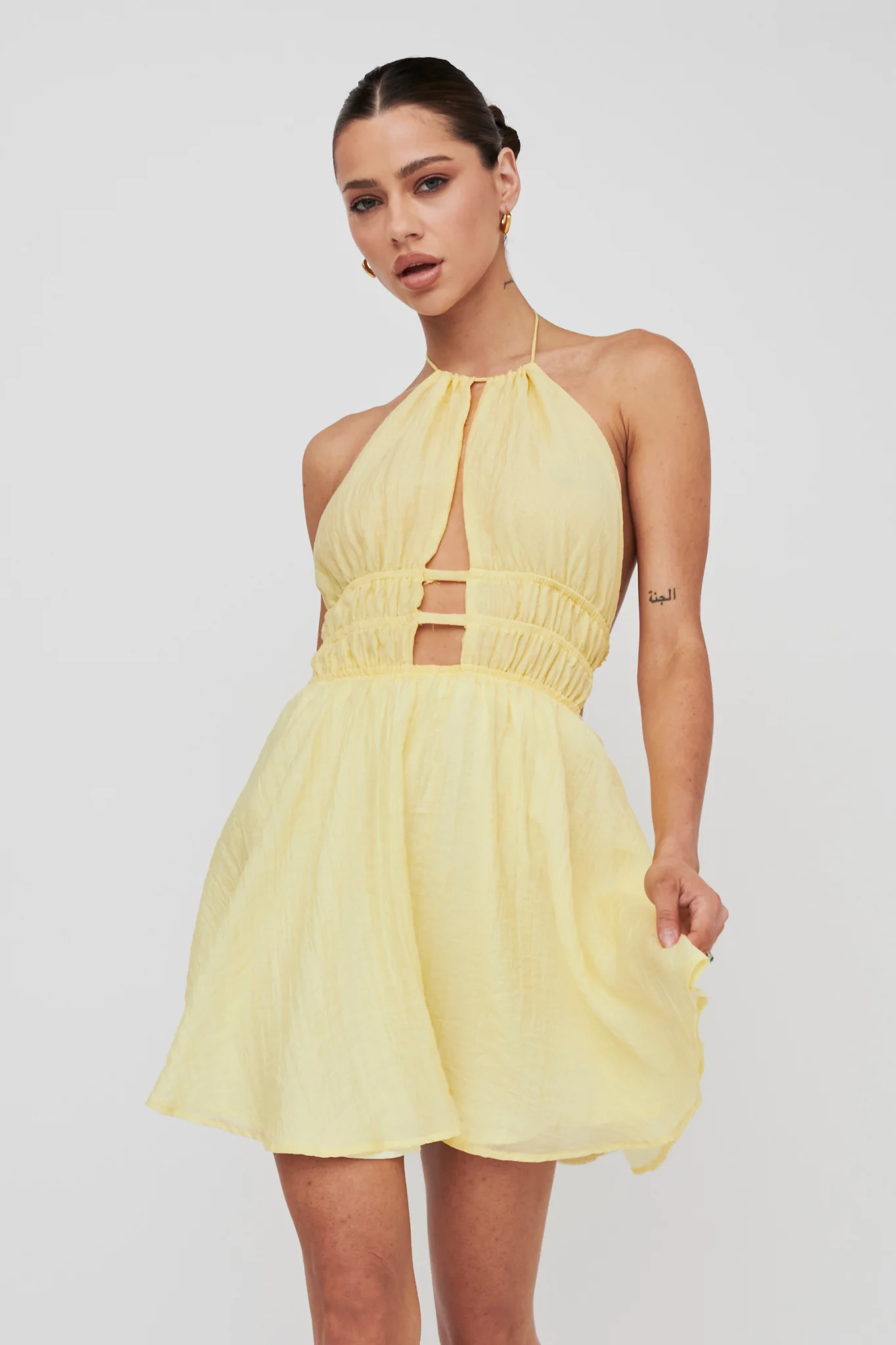 Cyndi Open Back Halterneck Mini Dress Lemon - Image 5