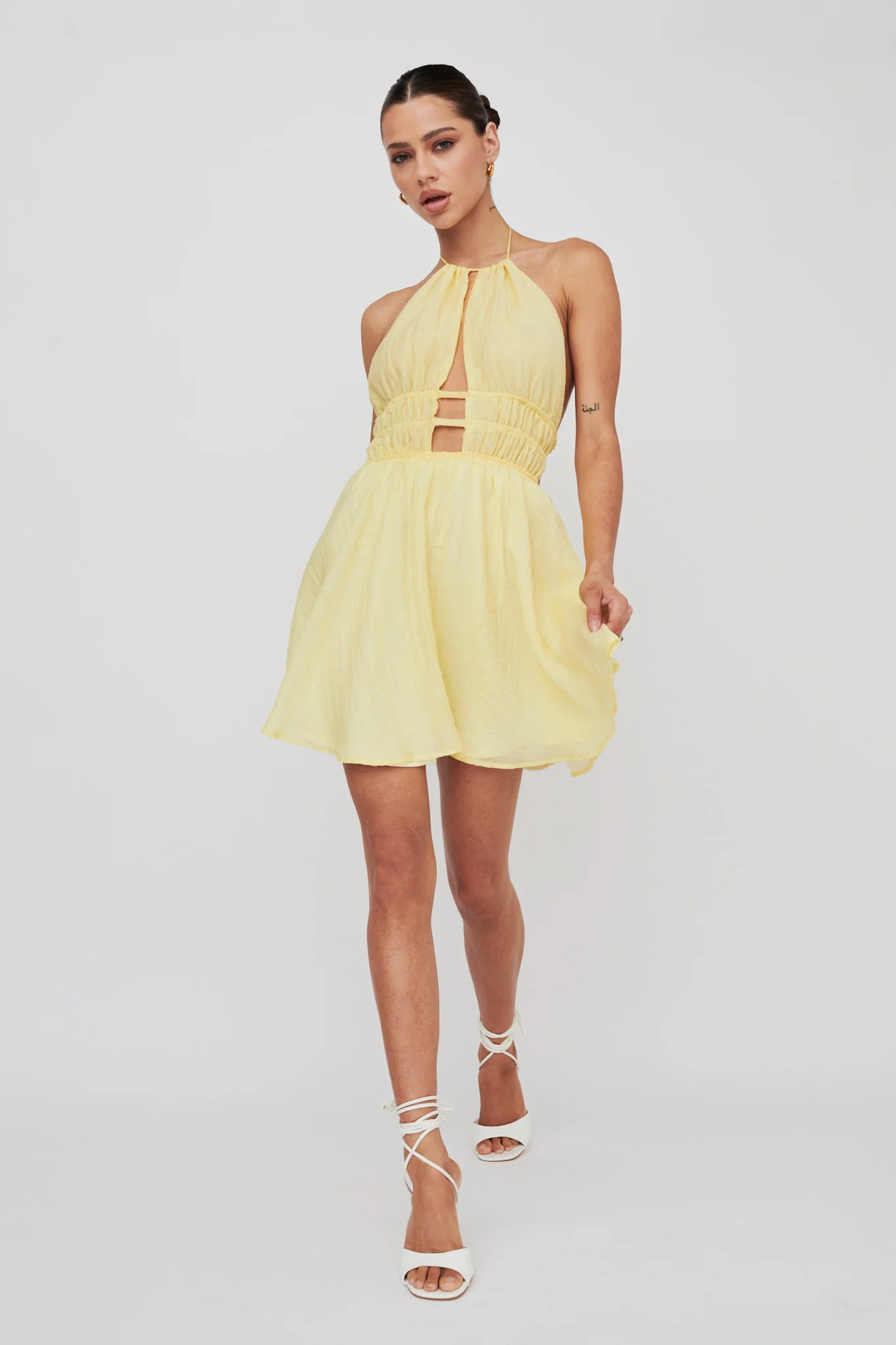 Cyndi Open Back Halterneck Mini Dress Lemon - Image 6