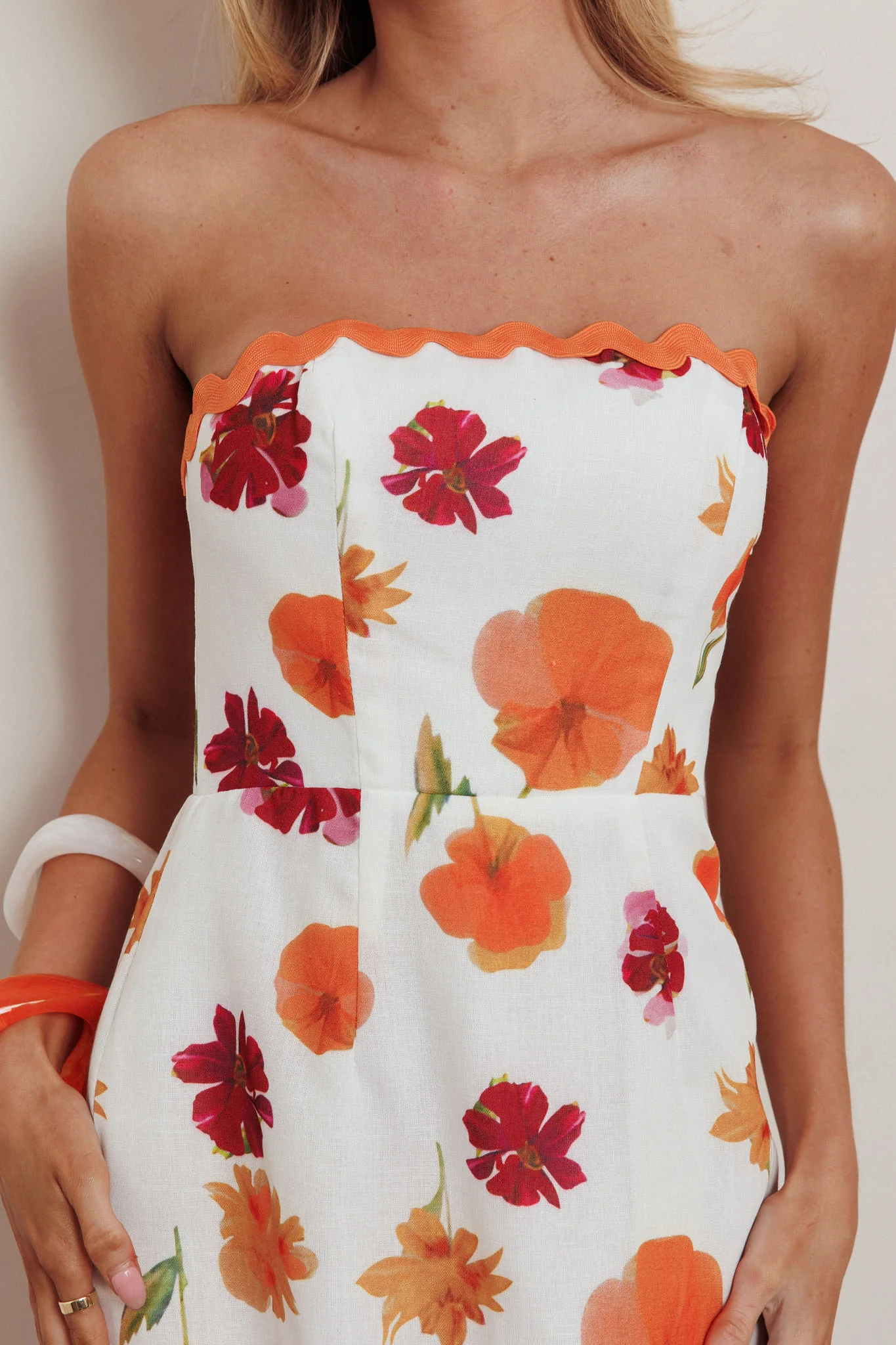 Cypress Ric Rac Trim Floral Strapless Maxi Dress Orange Multi - Image 4
