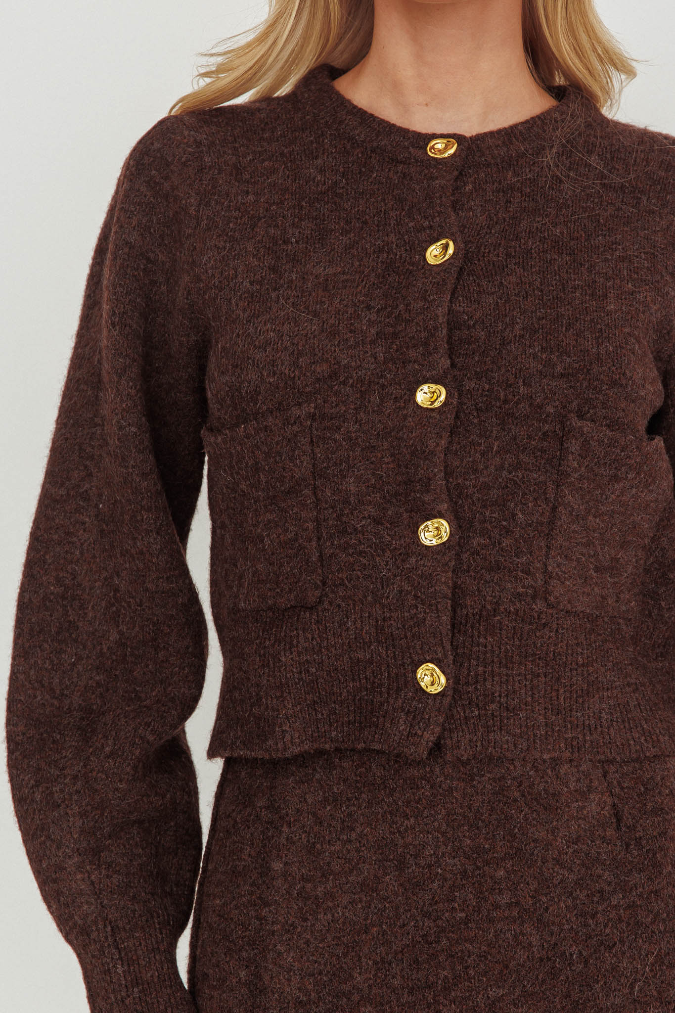 Daelyn Gold Button Pocket Cardigan Coffee - Image 3