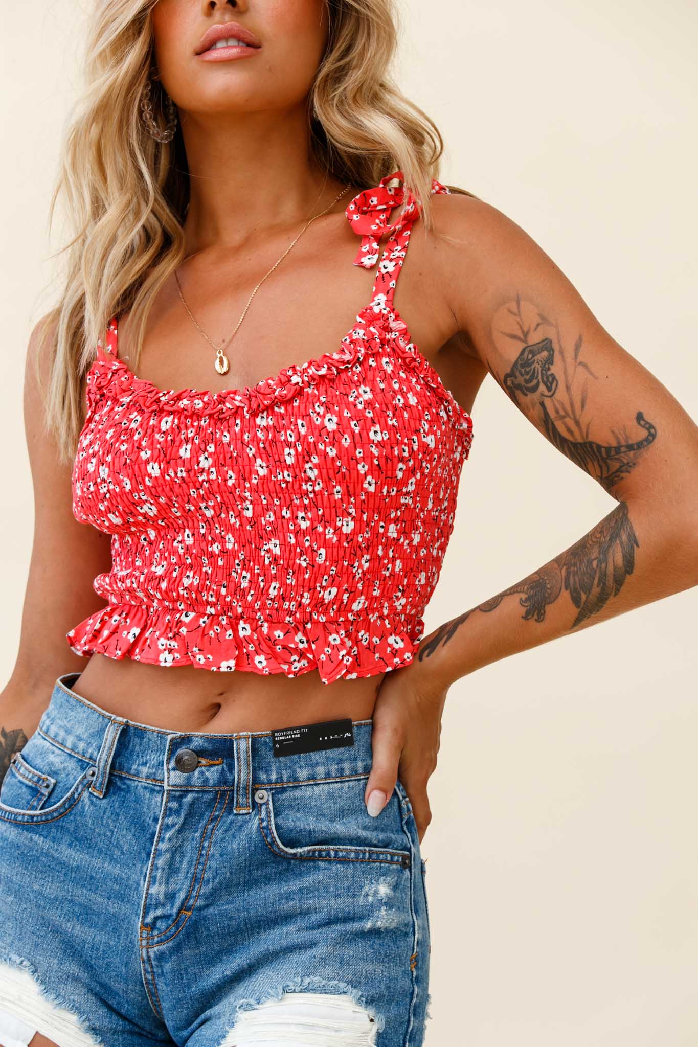 Daisy Chain Tied Shoulder Shirred Crop Top Floral Print Red - Image 4