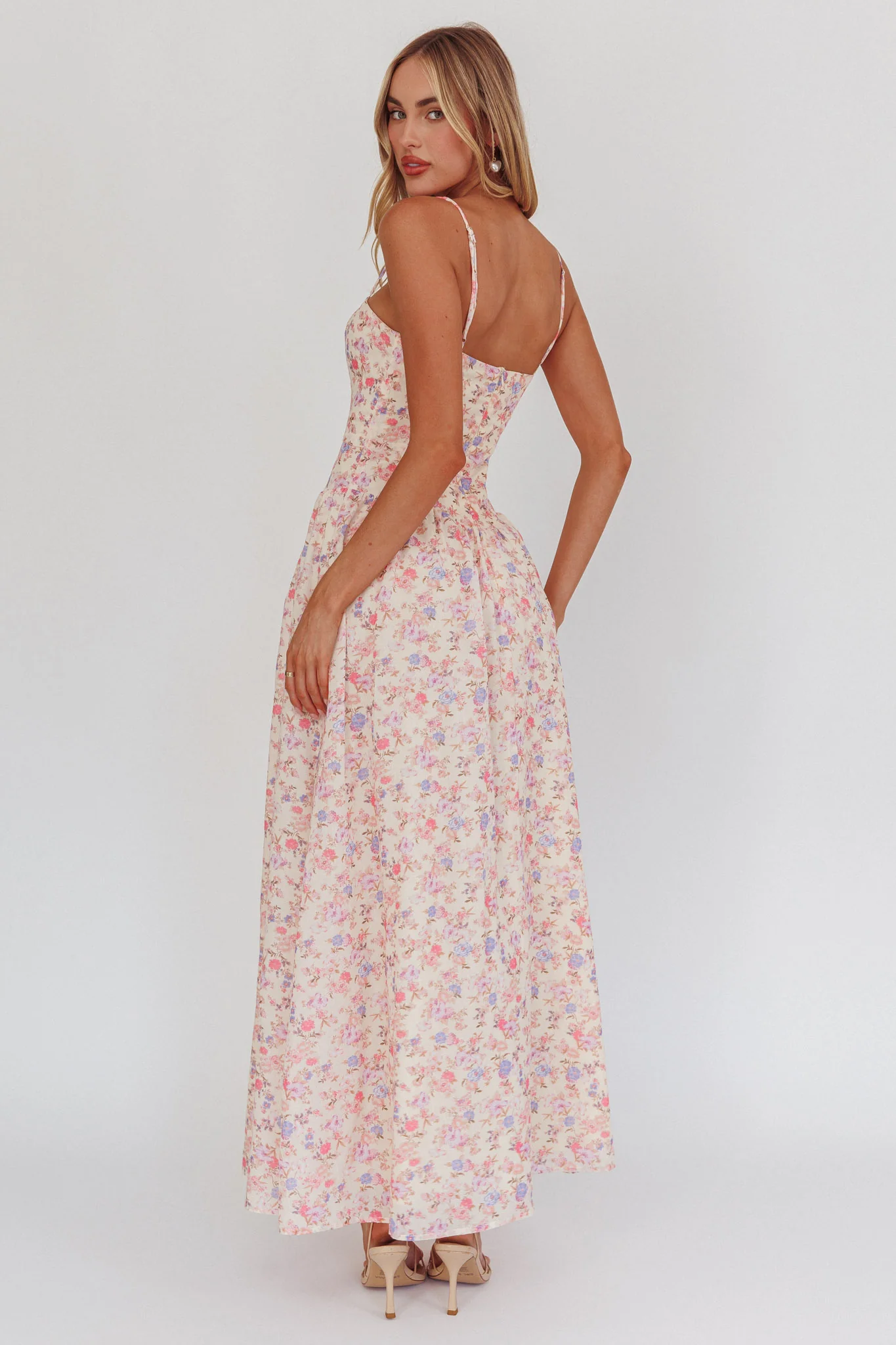 Daisy Day Basque Waist Maxi Dress Floral Blue - Image 3