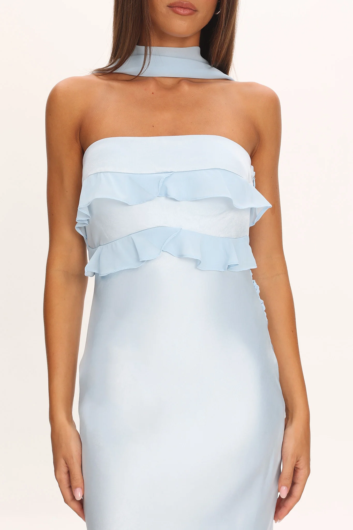 Damsel Reverse Halter Frill Trim Maxi Dress Baby Blue - Image 3