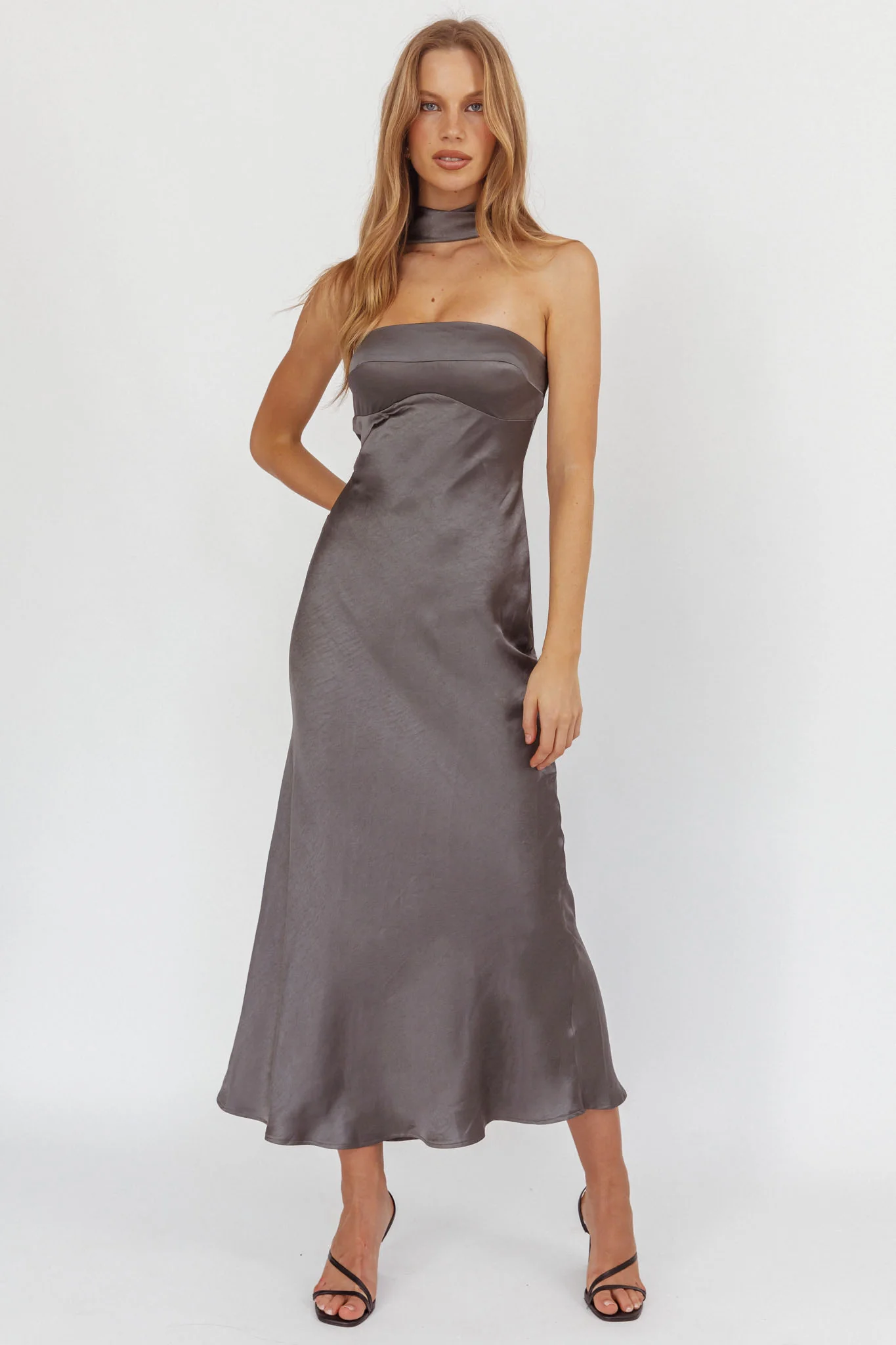 Damsel Reverse Halter Maxi Dress Satin Charcoal - Image 10
