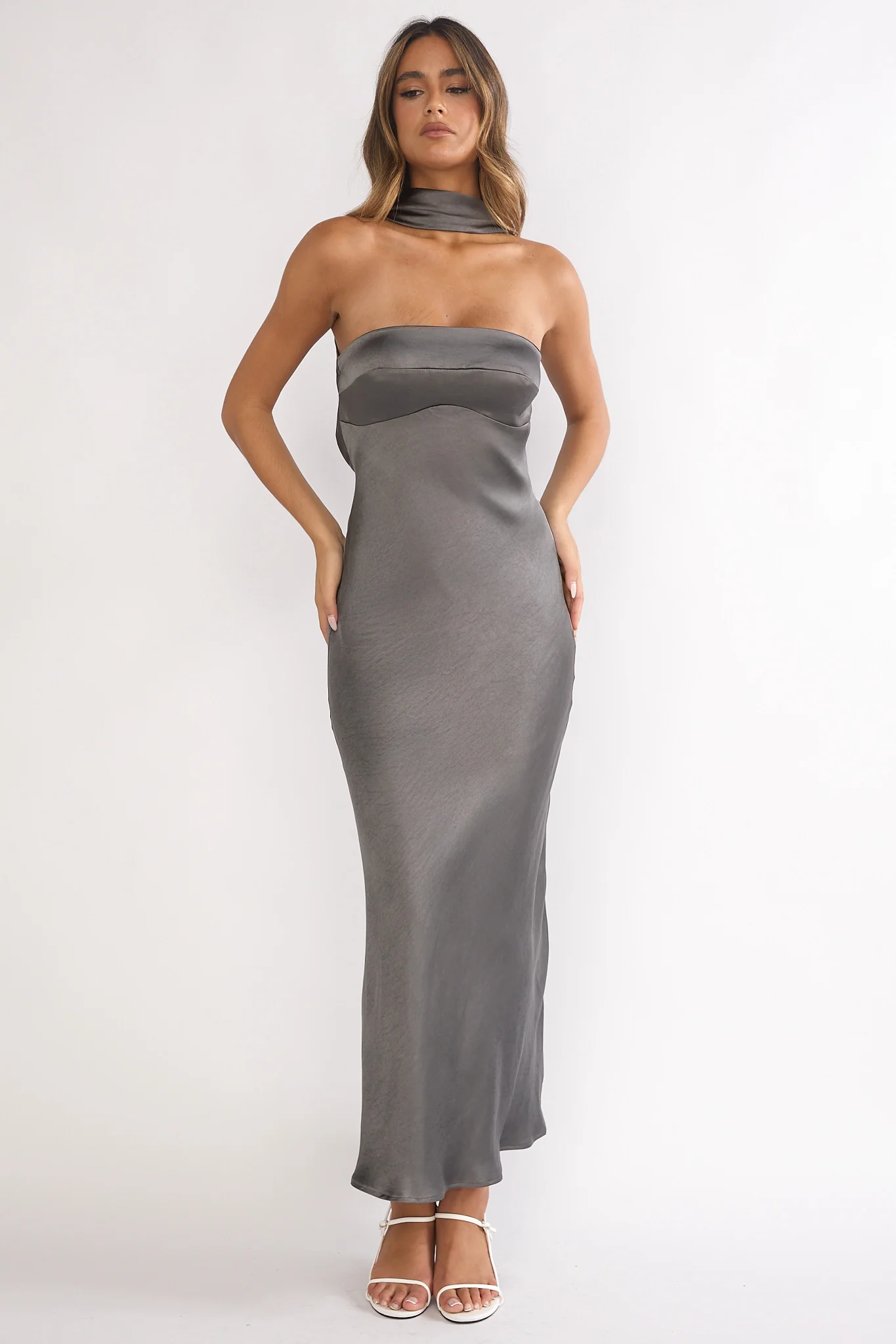 Damsel Reverse Halter Maxi Dress Satin Charcoal - Image 3