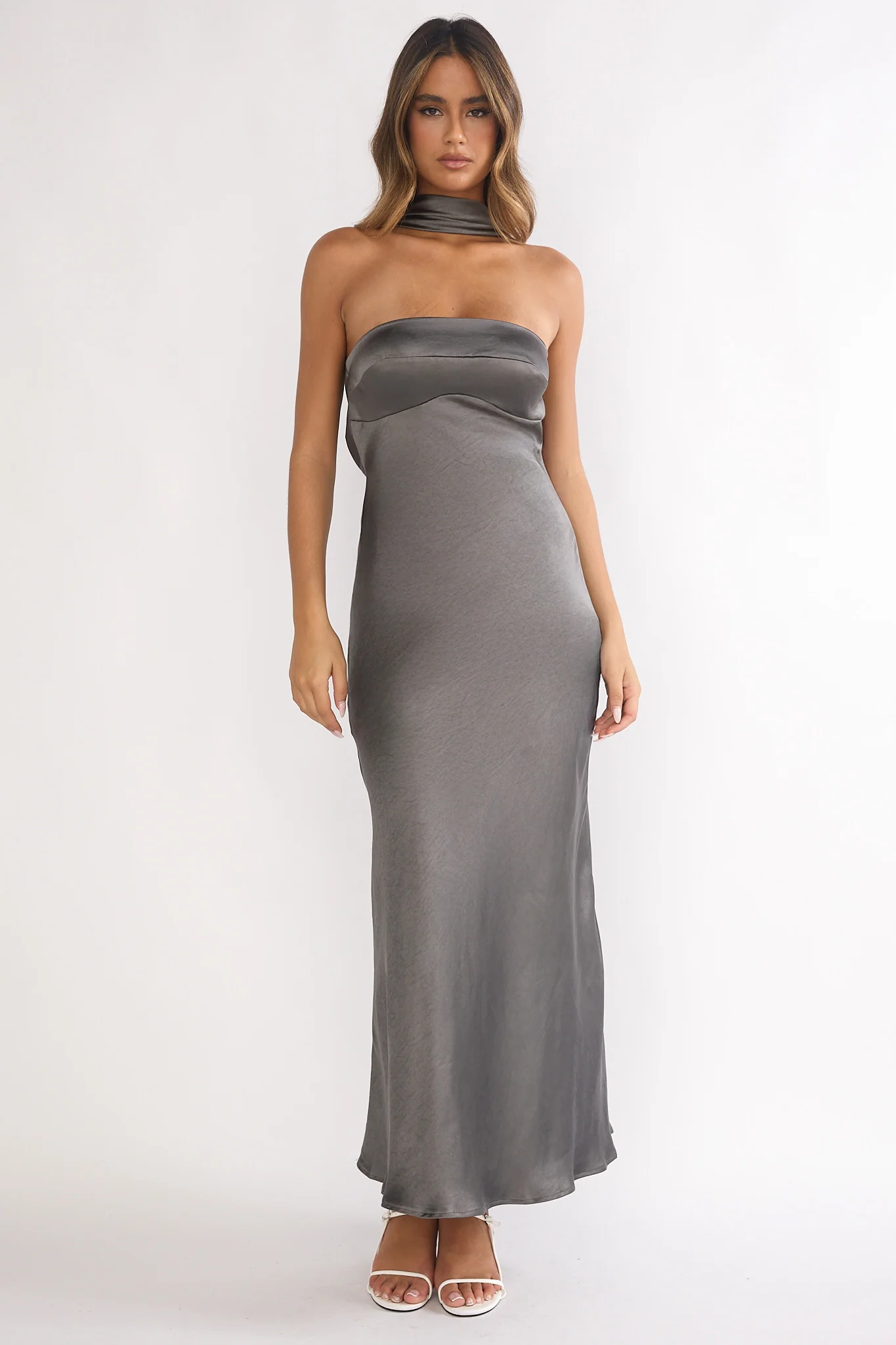 Damsel Reverse Halter Maxi Dress Satin Charcoal - Image 6