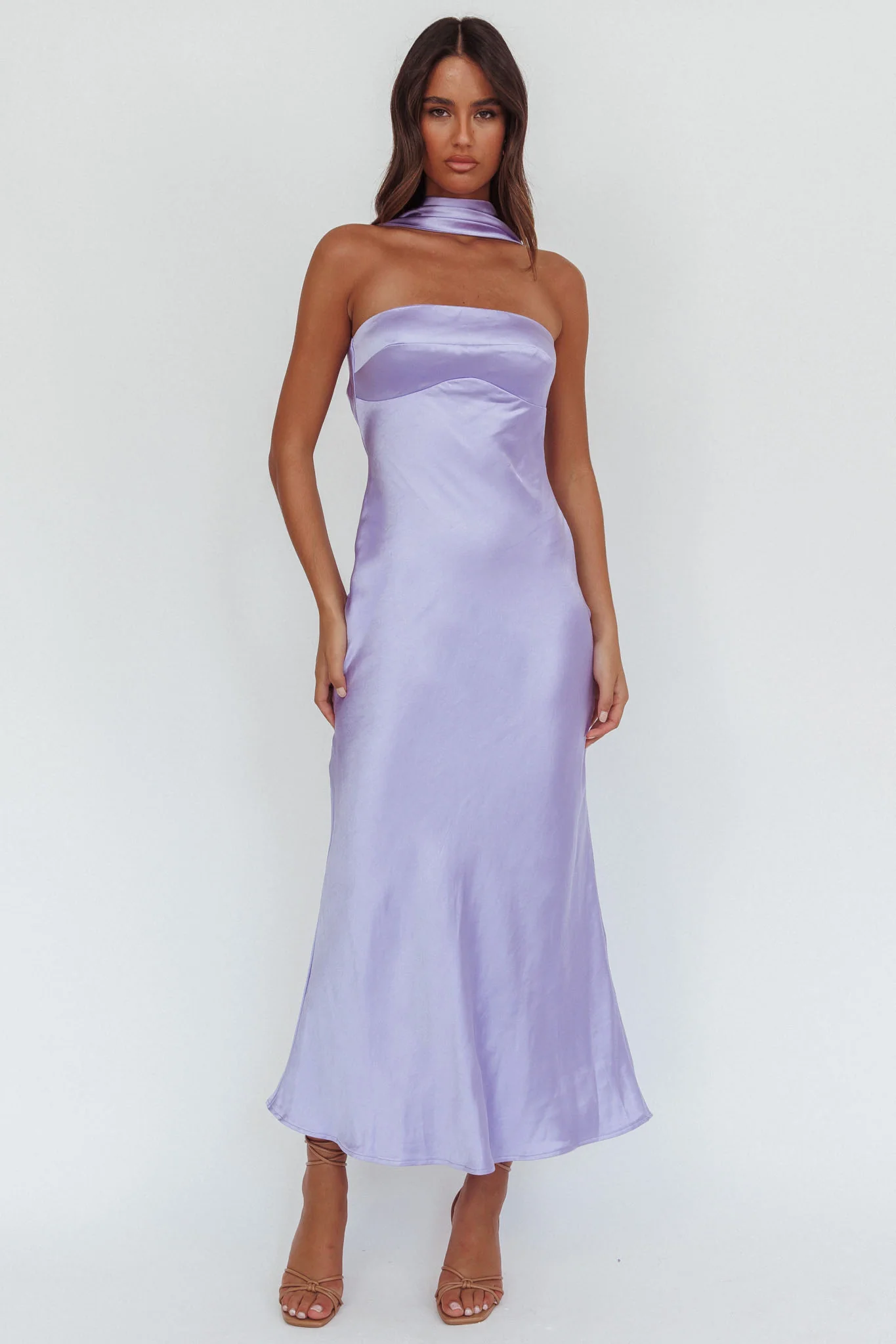 Damsel Reverse Halter Maxi Dress Satin Lilac - Image 5