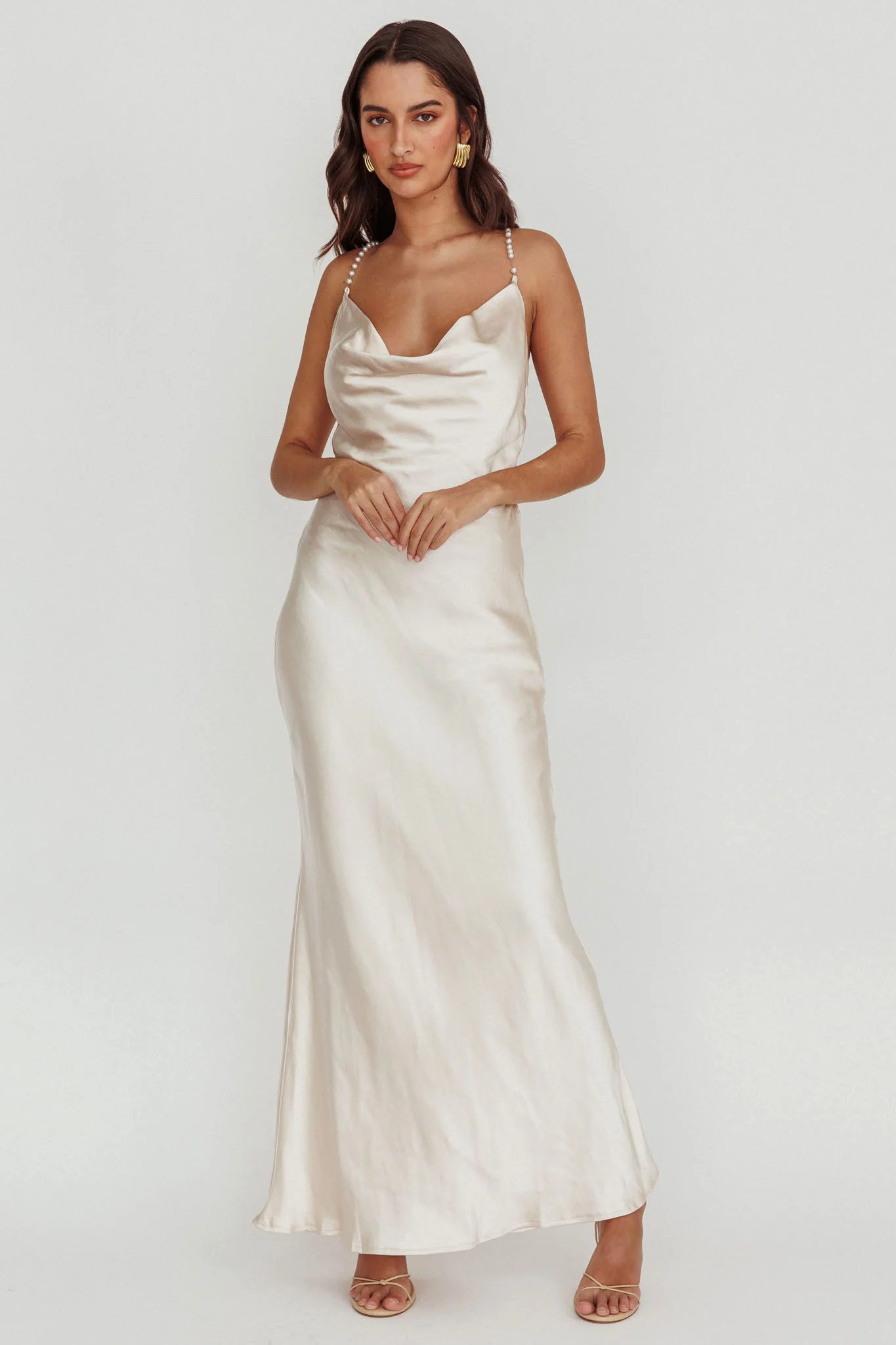 Danijela Cowl Neck Pearl Satin Maxi Dress Champagne - Image 3