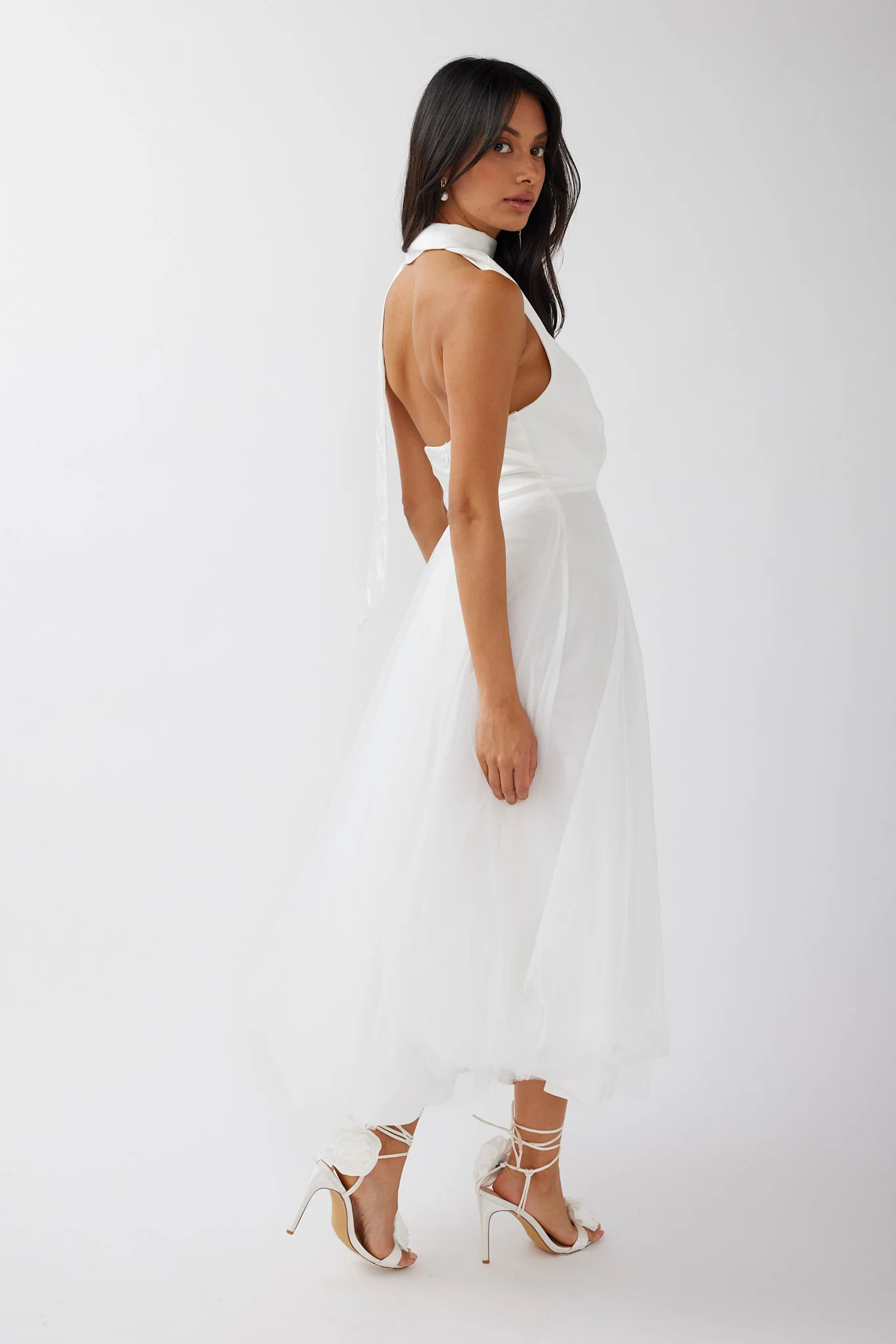 Darci Plunging Neckline Tulle Midi Dress White - Image 3