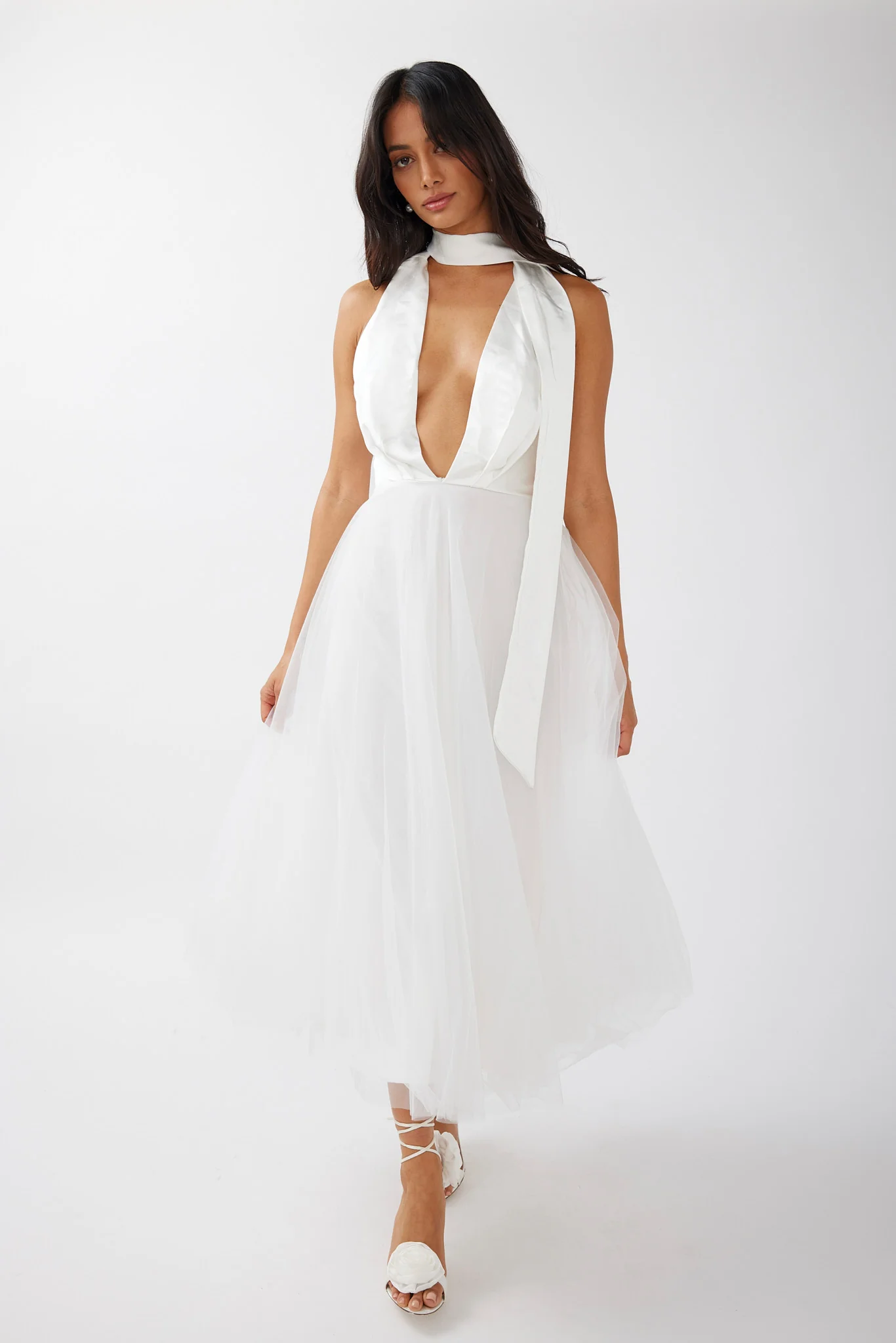 Darci Plunging Neckline Tulle Midi Dress White - Image 6