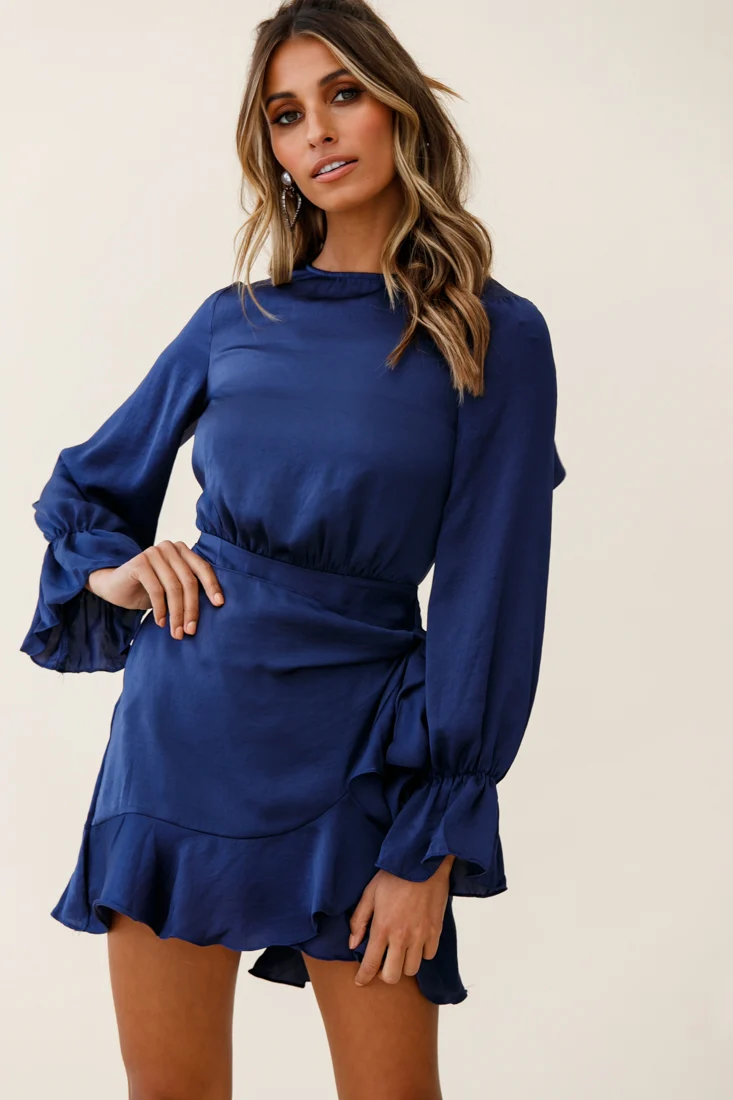 Darla Long Sleeve Satin Dress Navy - Image 3
