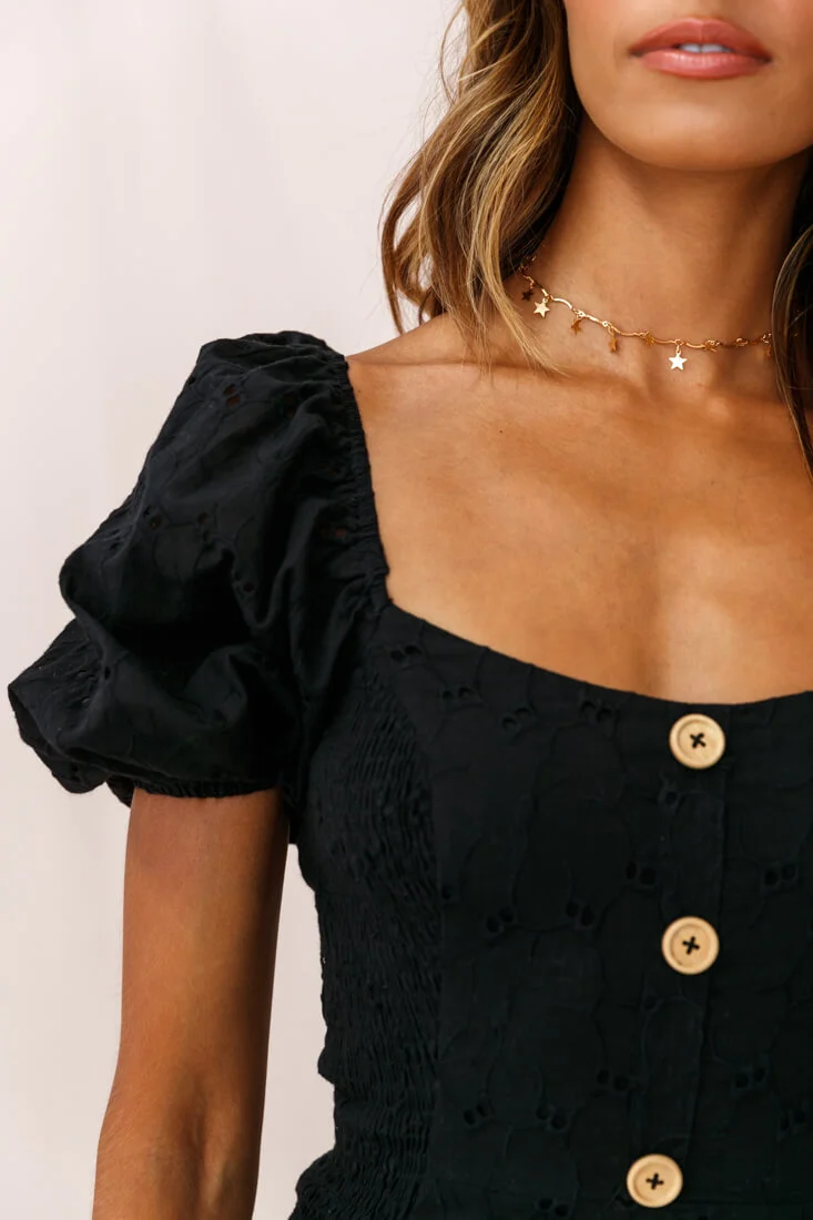 Darling Puff Sleeve Shirred Dress Black - Image 5