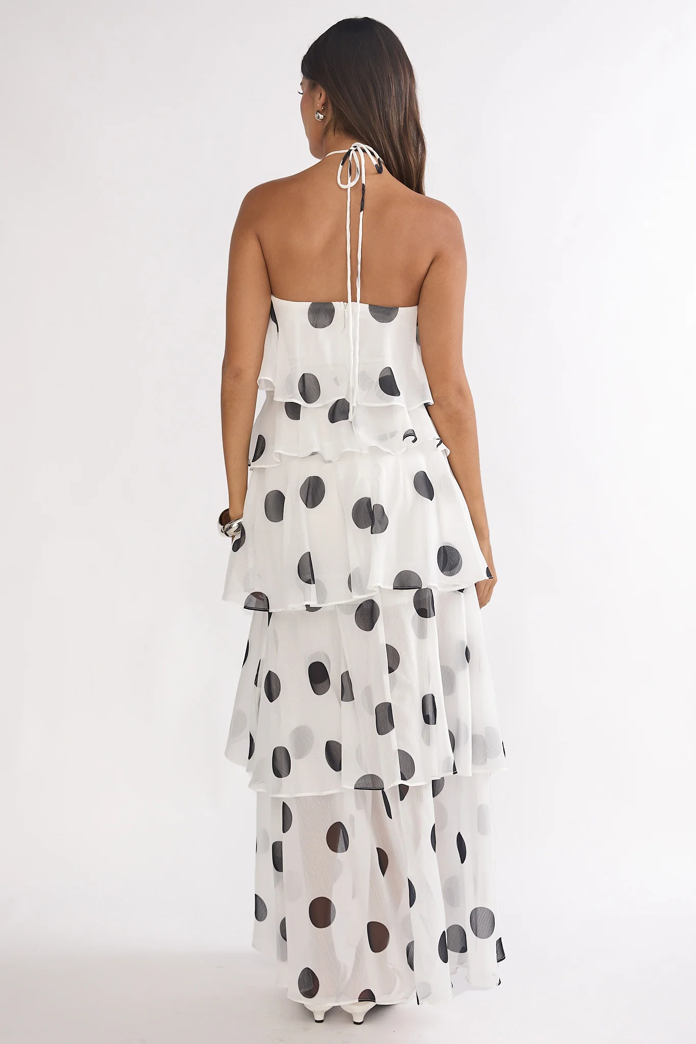 Darylyn Tiered Ruffle Maxi Dress Polka Dot White - Image 3