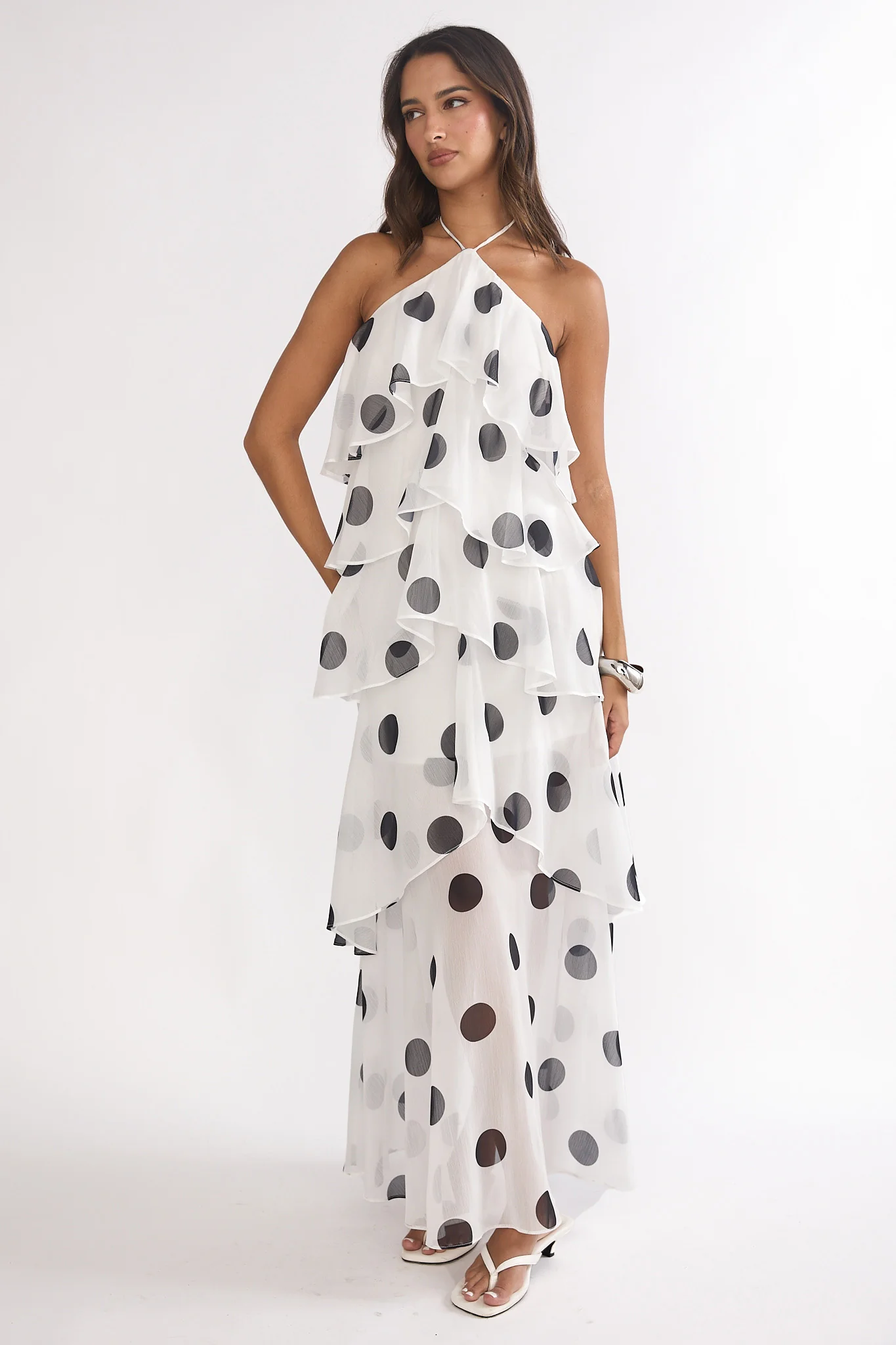 Darylyn Tiered Ruffle Maxi Dress Polka Dot White - Image 5