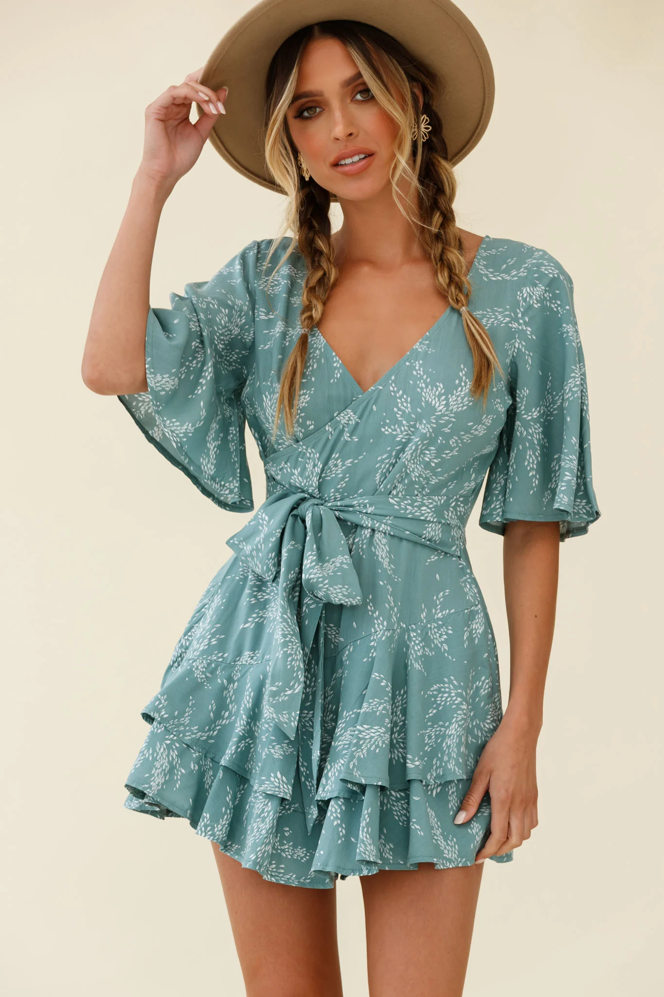 Davina Angel Sleeve Cut-Out Back Romper Leaf Print Sage - Image 7