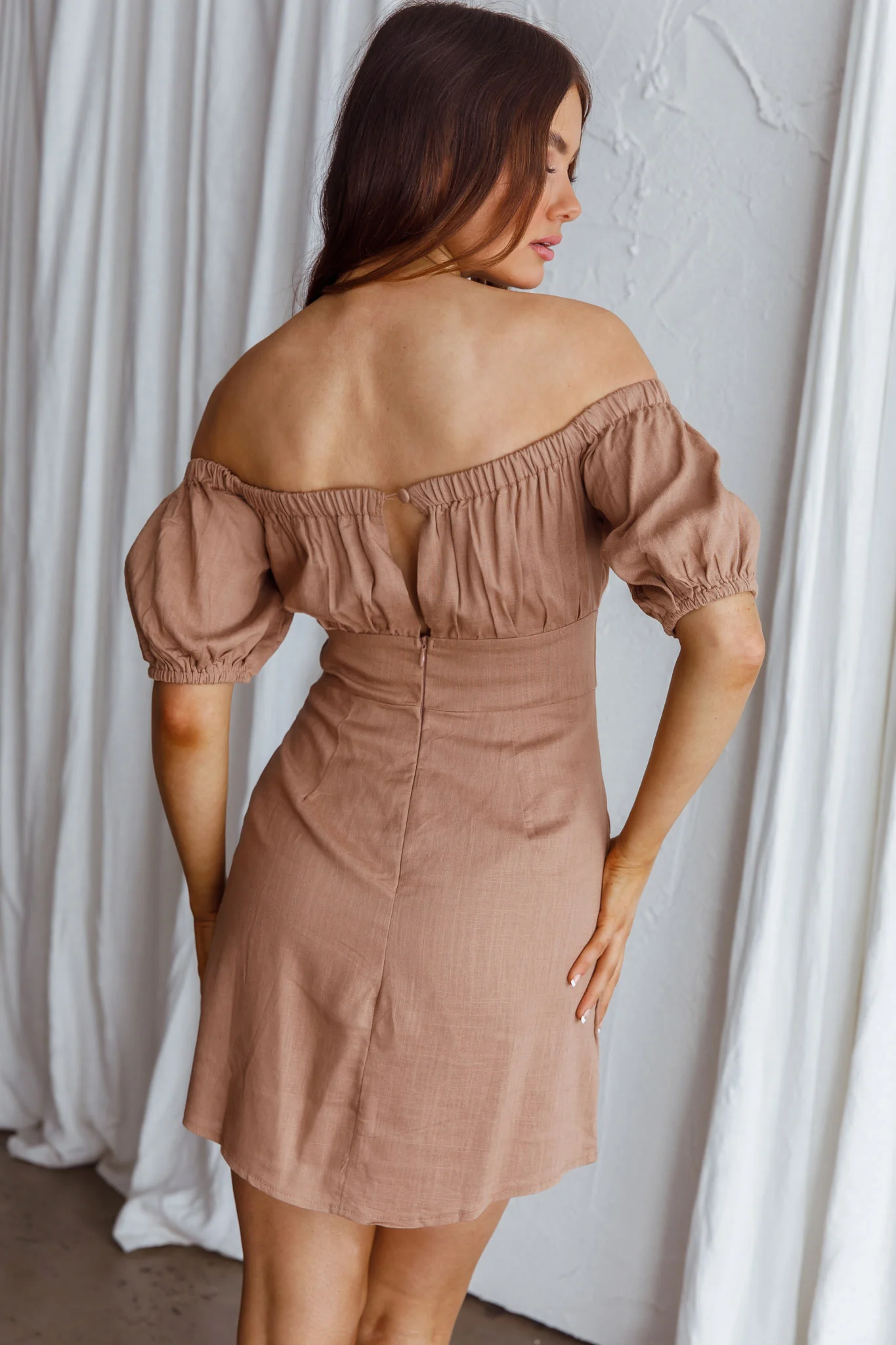 Dayanara Off-Shoulder Puff Sleeve Dress Mocha - Image 2