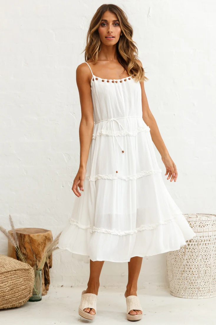 Daybreak Frill Trim Wooden Bead Midi Dress White - Image 2