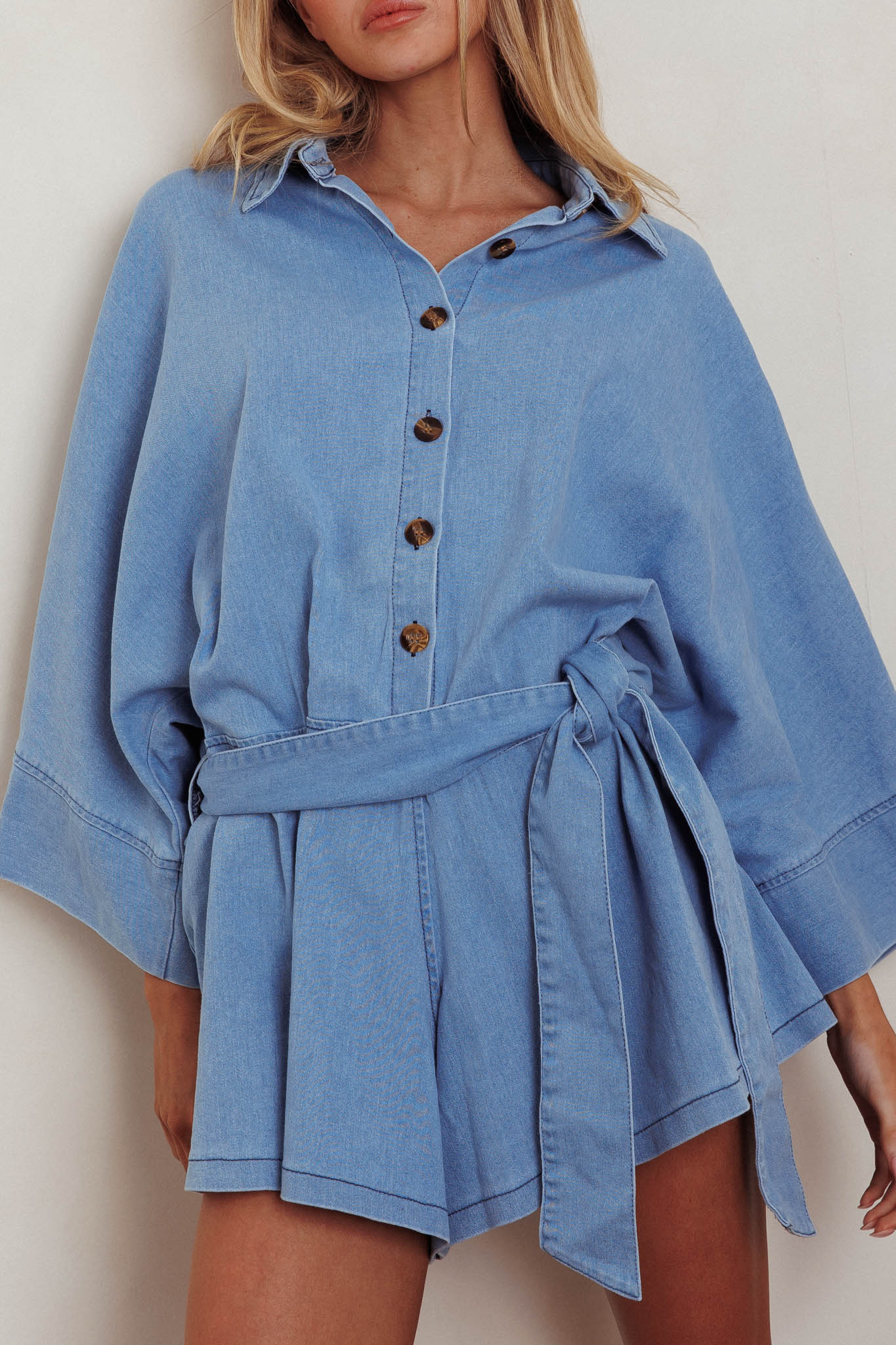 Daytona Beach Button-Up Romper Denim Blue - Image 5