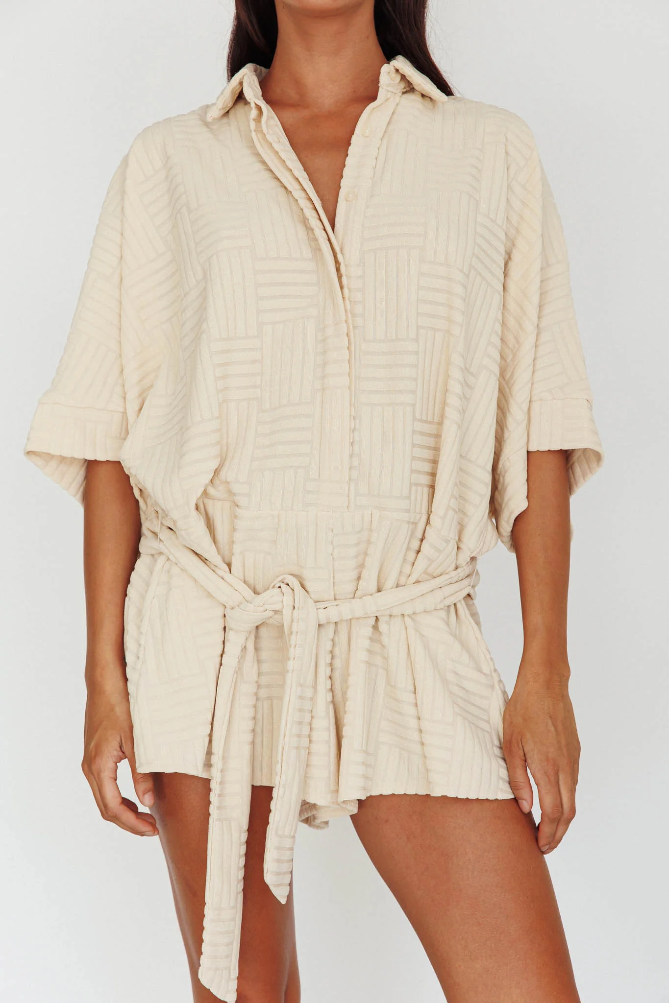 Daytona Beach Button-Up Romper Textured Beige - Image 4