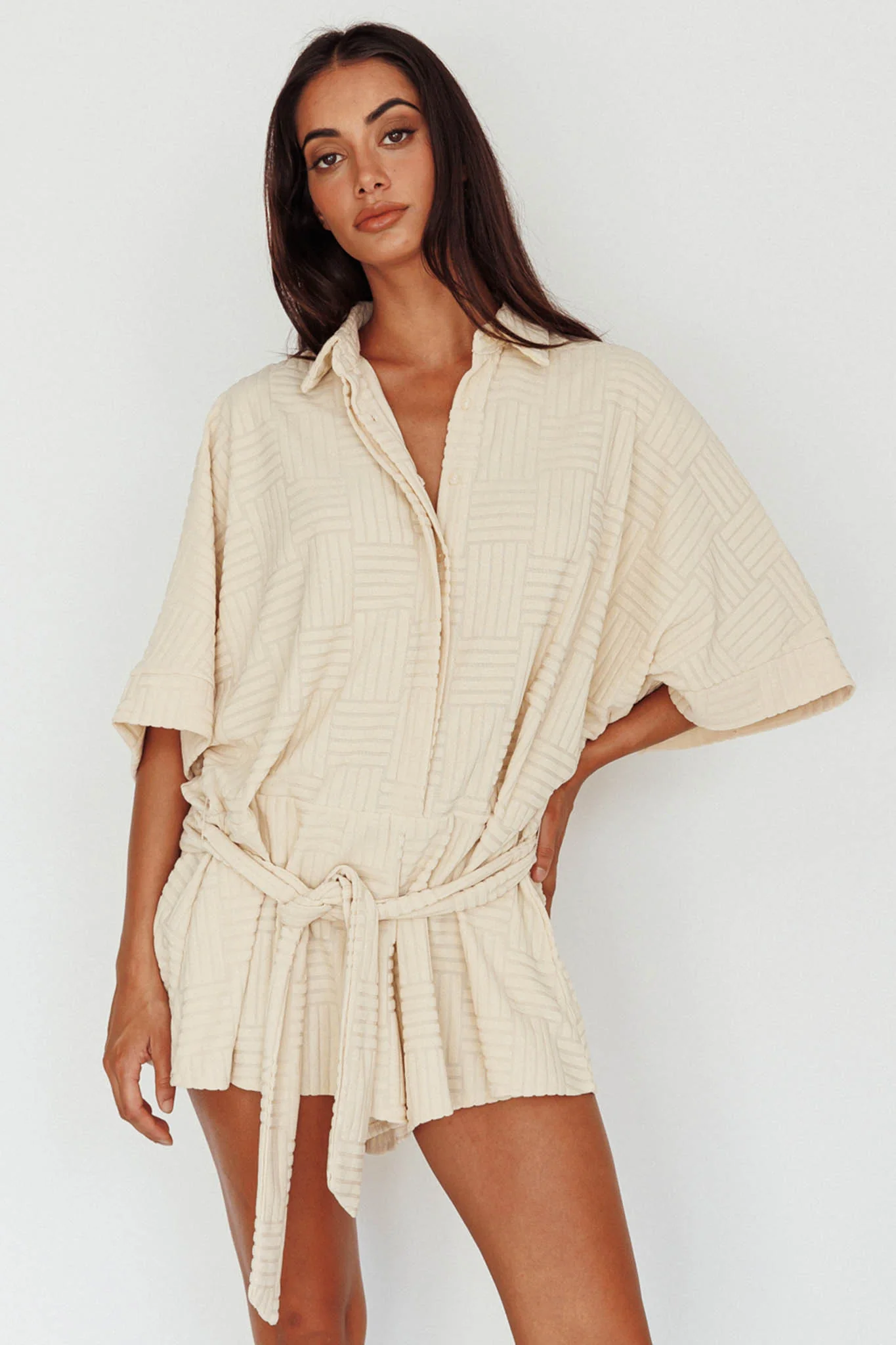 Daytona Beach Button-Up Romper Textured Beige - Image 7