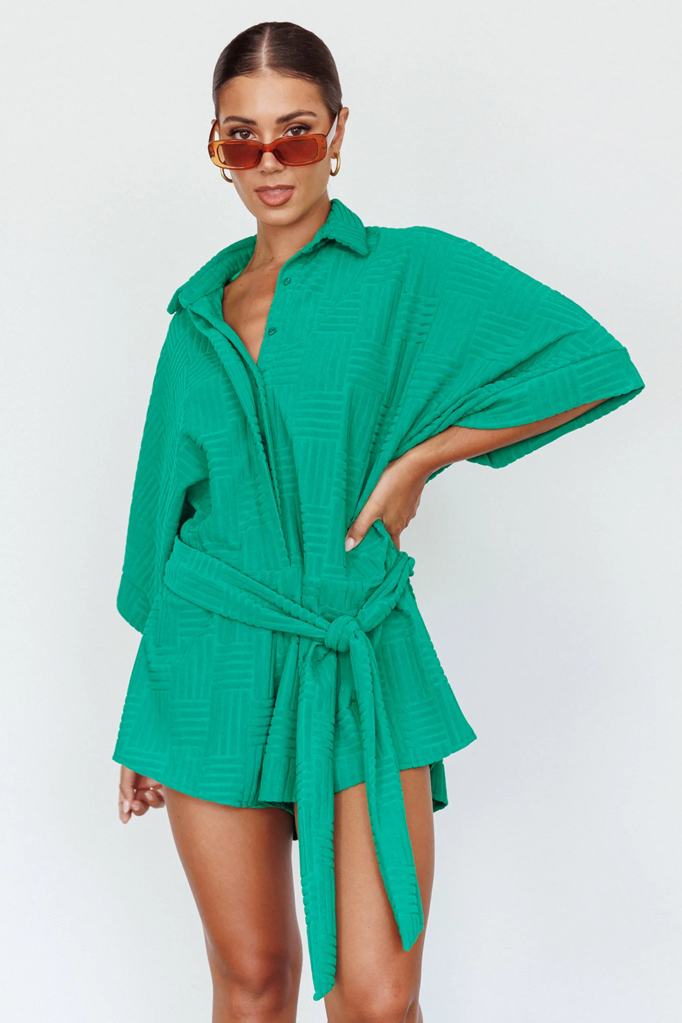 Daytona Beach Button-Up Romper Textured Green - Image 5